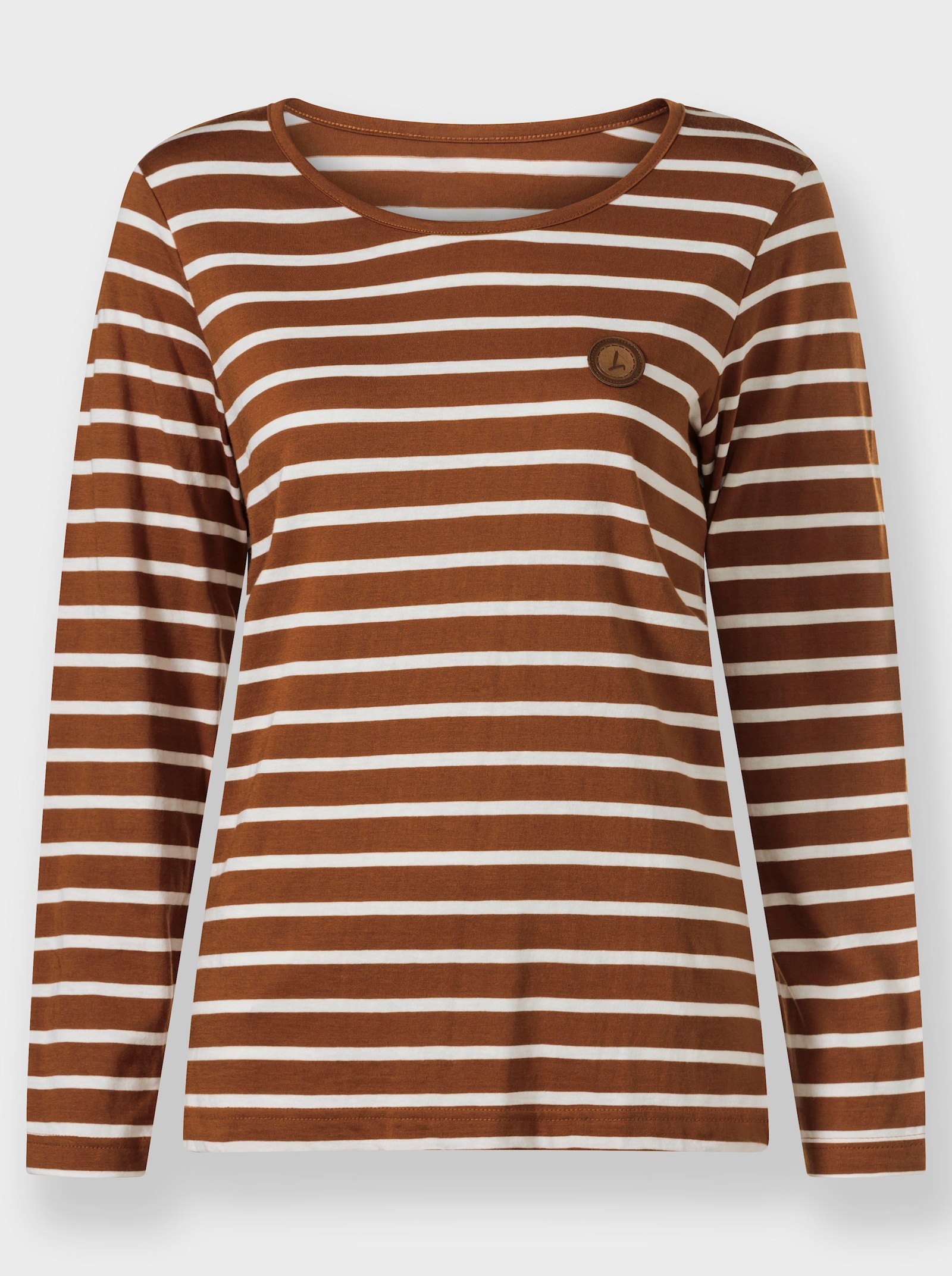 Ringelshirt mit Lederimitat-Patches - cognac-ecru-gestreift