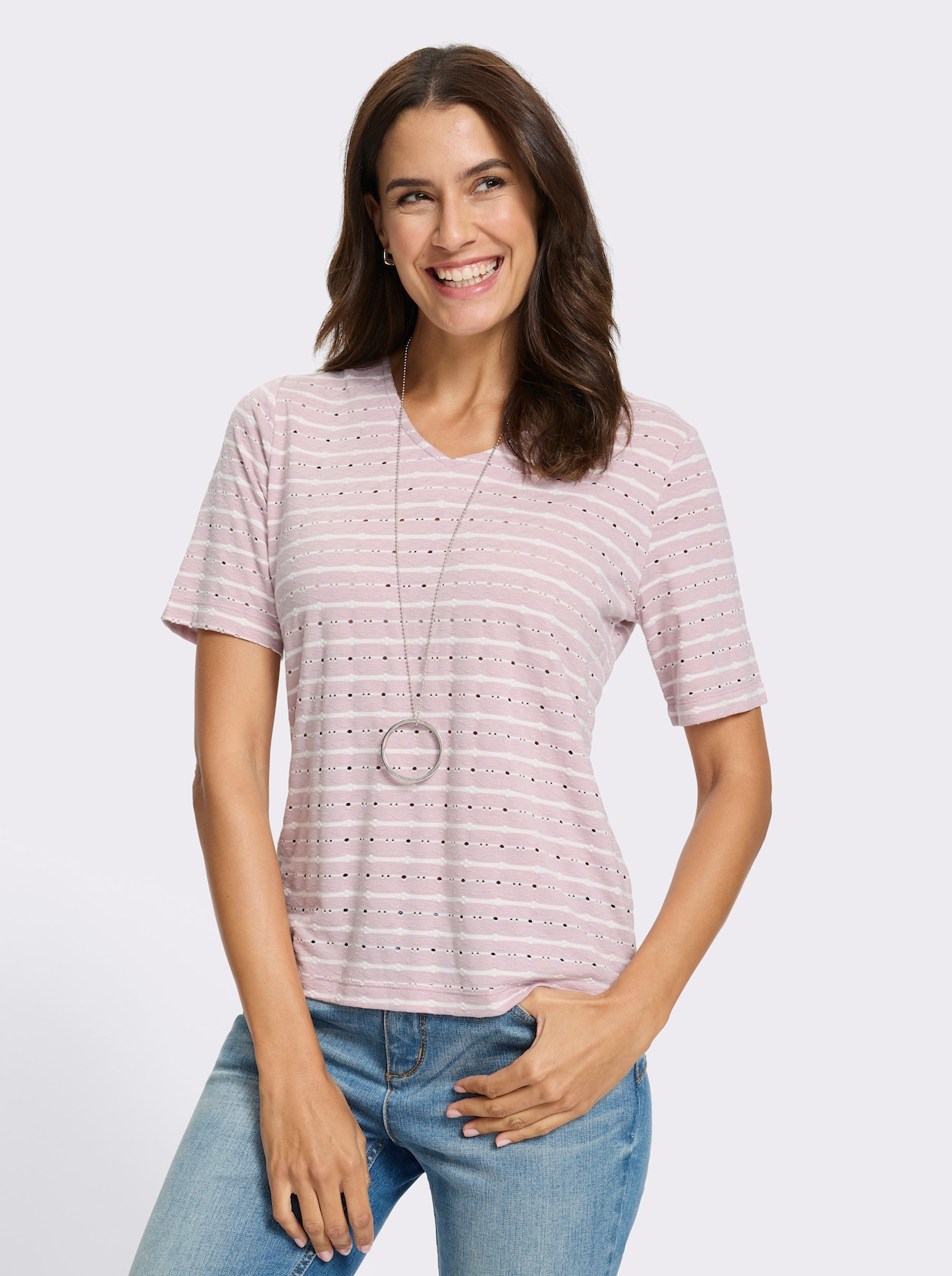 V-Shirt - ecru-mauve-gemustert