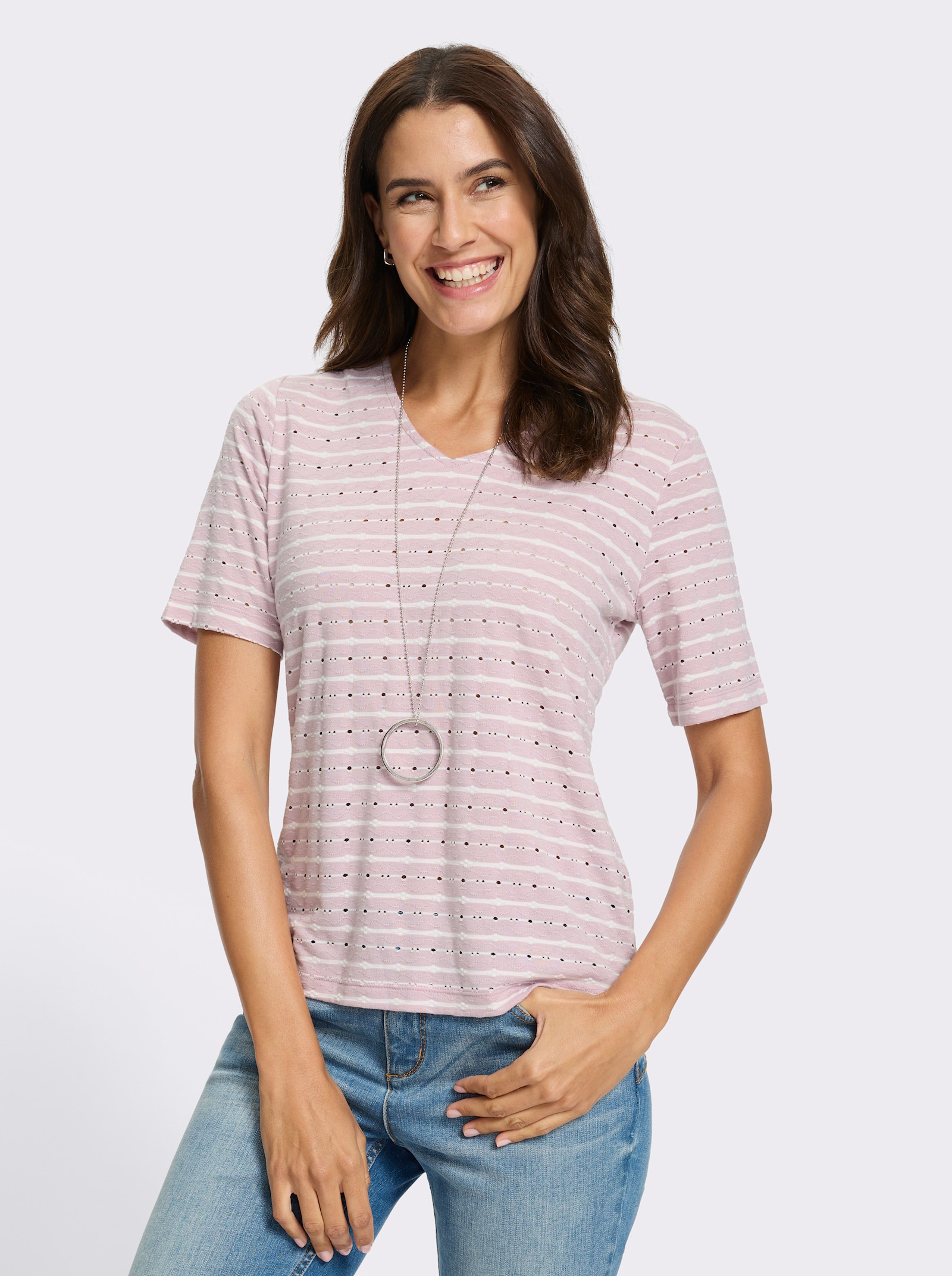 V-Shirt in Stretch-Qualität - ecru-mauve-gemustert