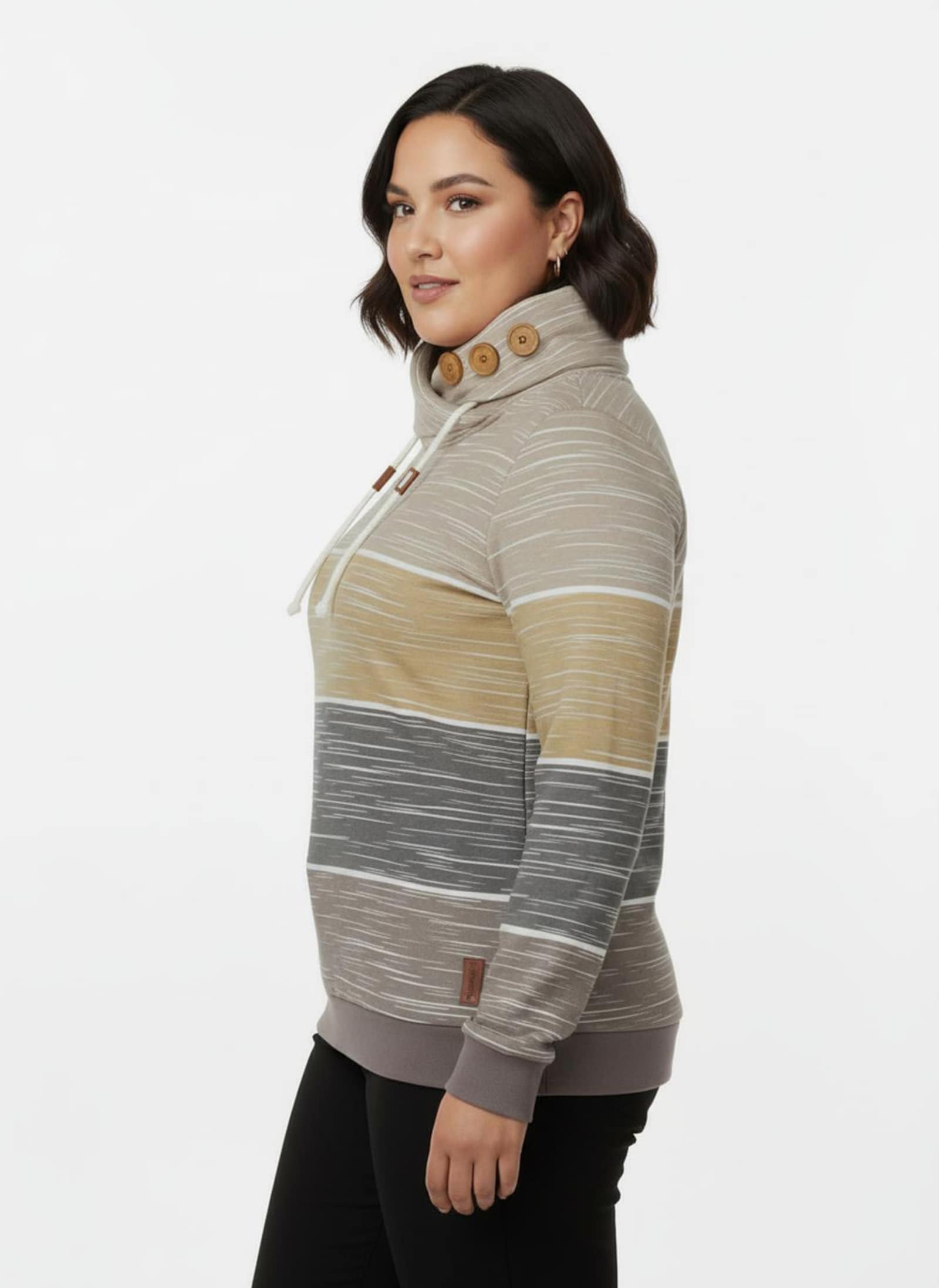 Sweatshirt mit Zierknöpfen am Kragen - dunkeltaupe-sesam-bedruckt