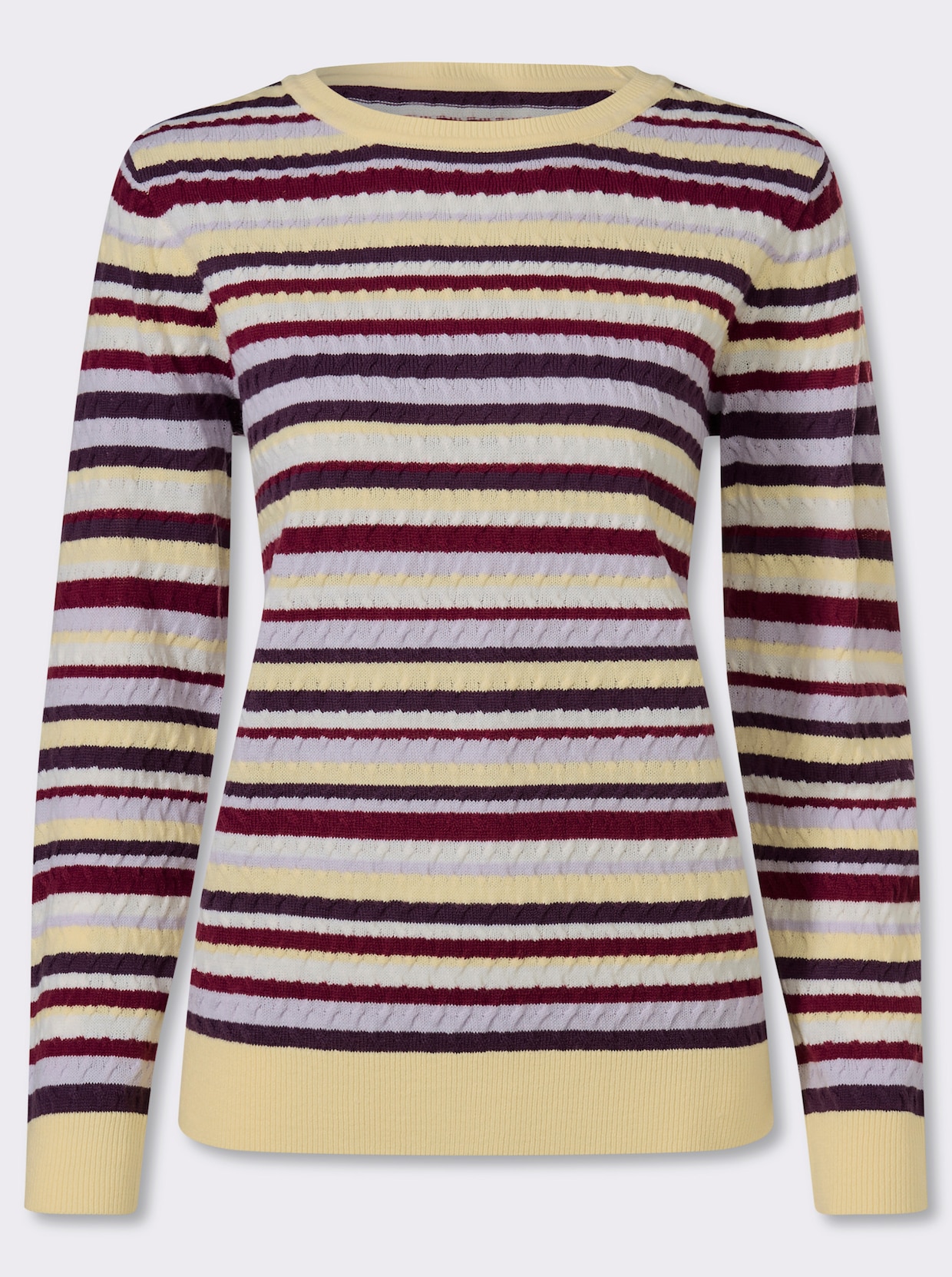 Rundhalspullover mit Zopfmuster im Ringel-Dessin - mauve-traube-geringelt