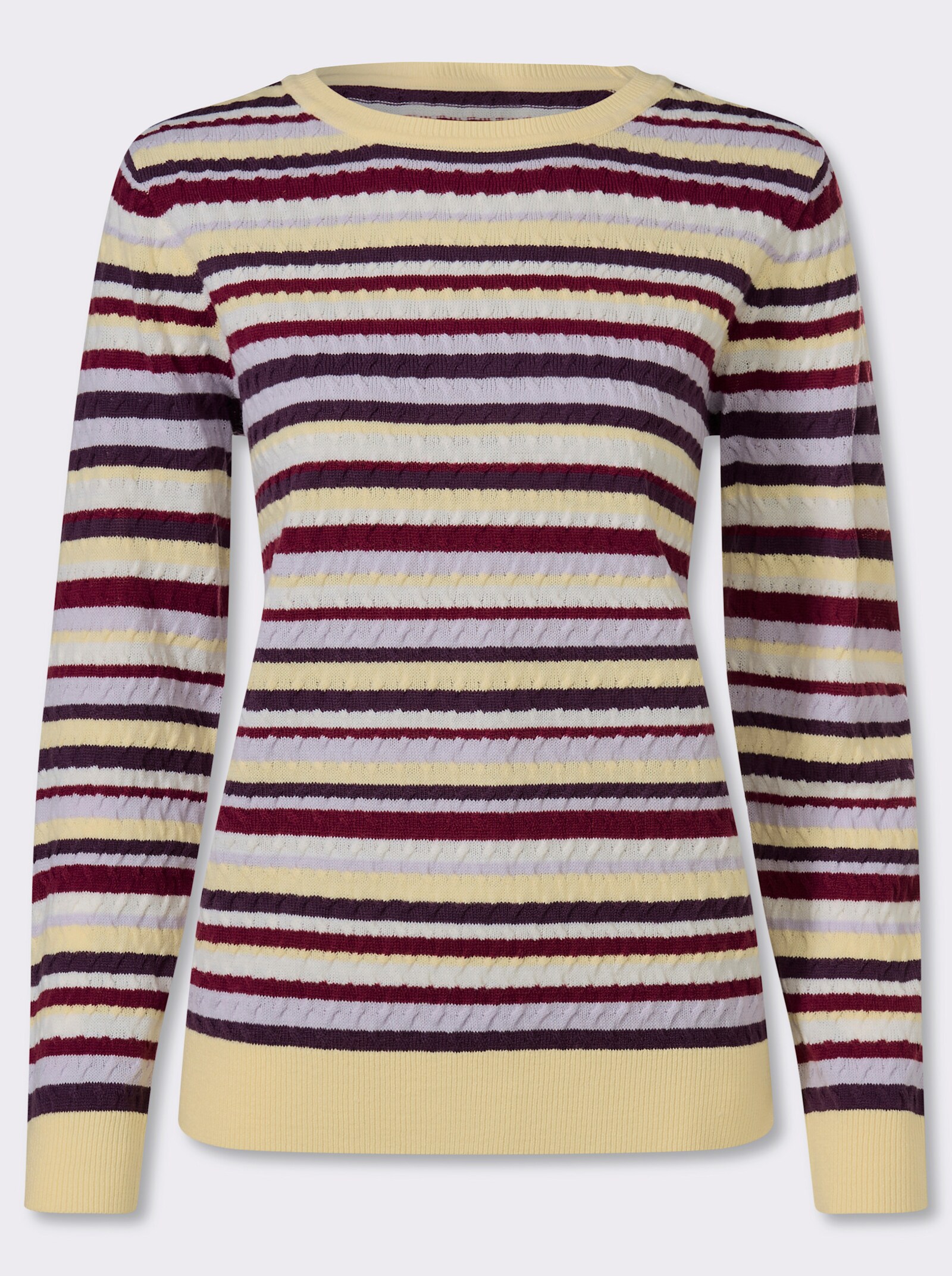 Rundhalspullover mit Zopfmuster im Ringel-Dessin - mauve-traube-geringelt