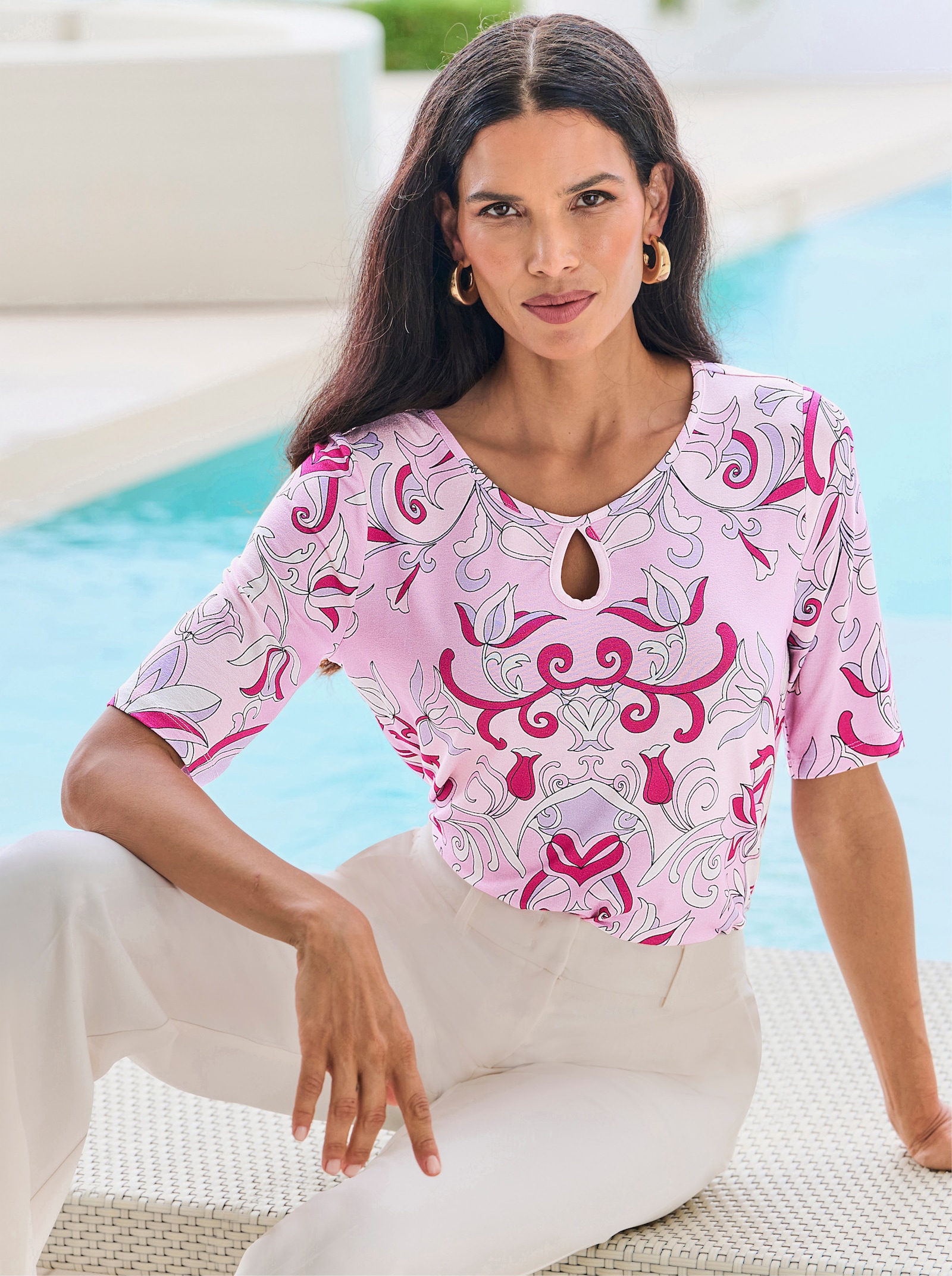 heine Kurzarmshirt mit Cut-outs - rosé-hellrosé-bedruckt