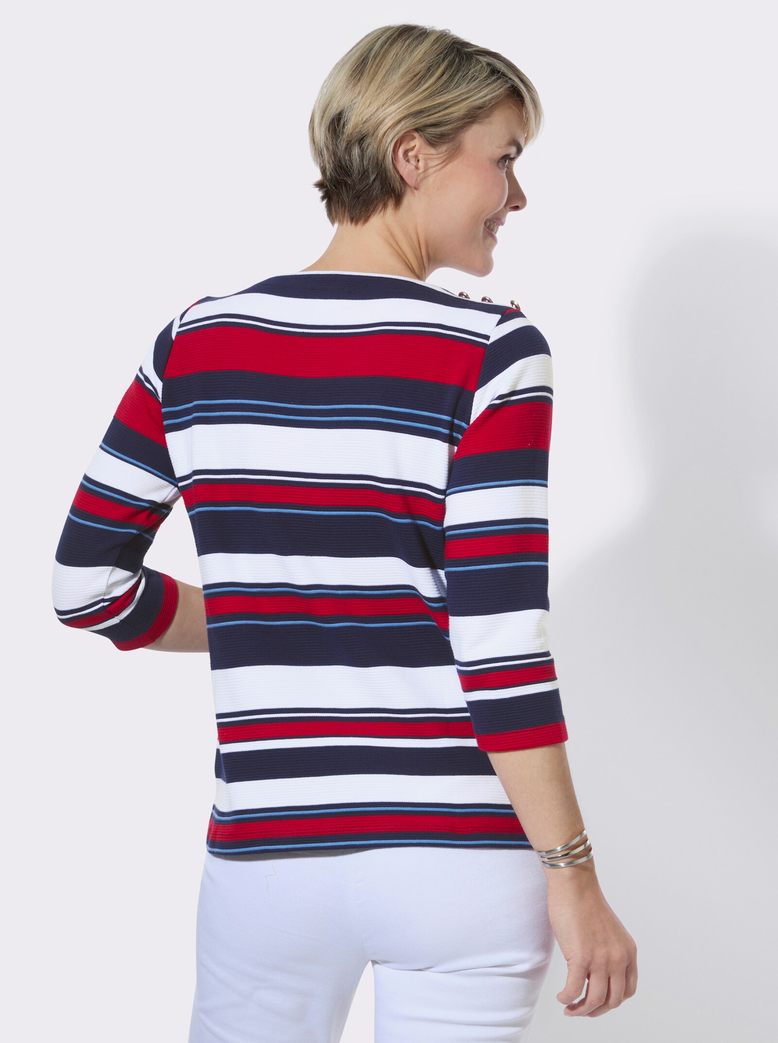 Ringelshirt mit Zierknöpfen an den Schultern - marine-rot-geringelt
