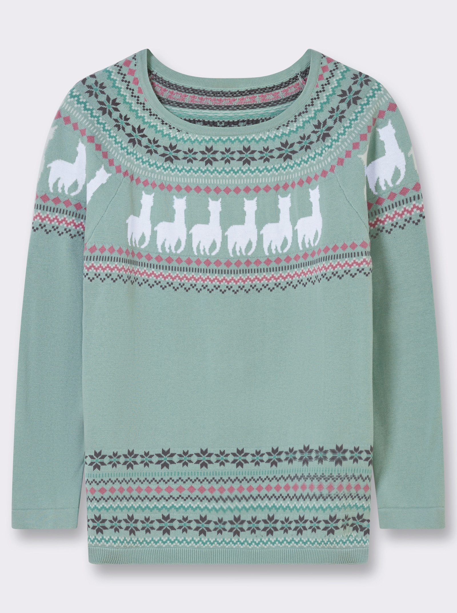 Langarm-Pullover mit Alpaka-Muster - kalkmint-ecru-gemustert