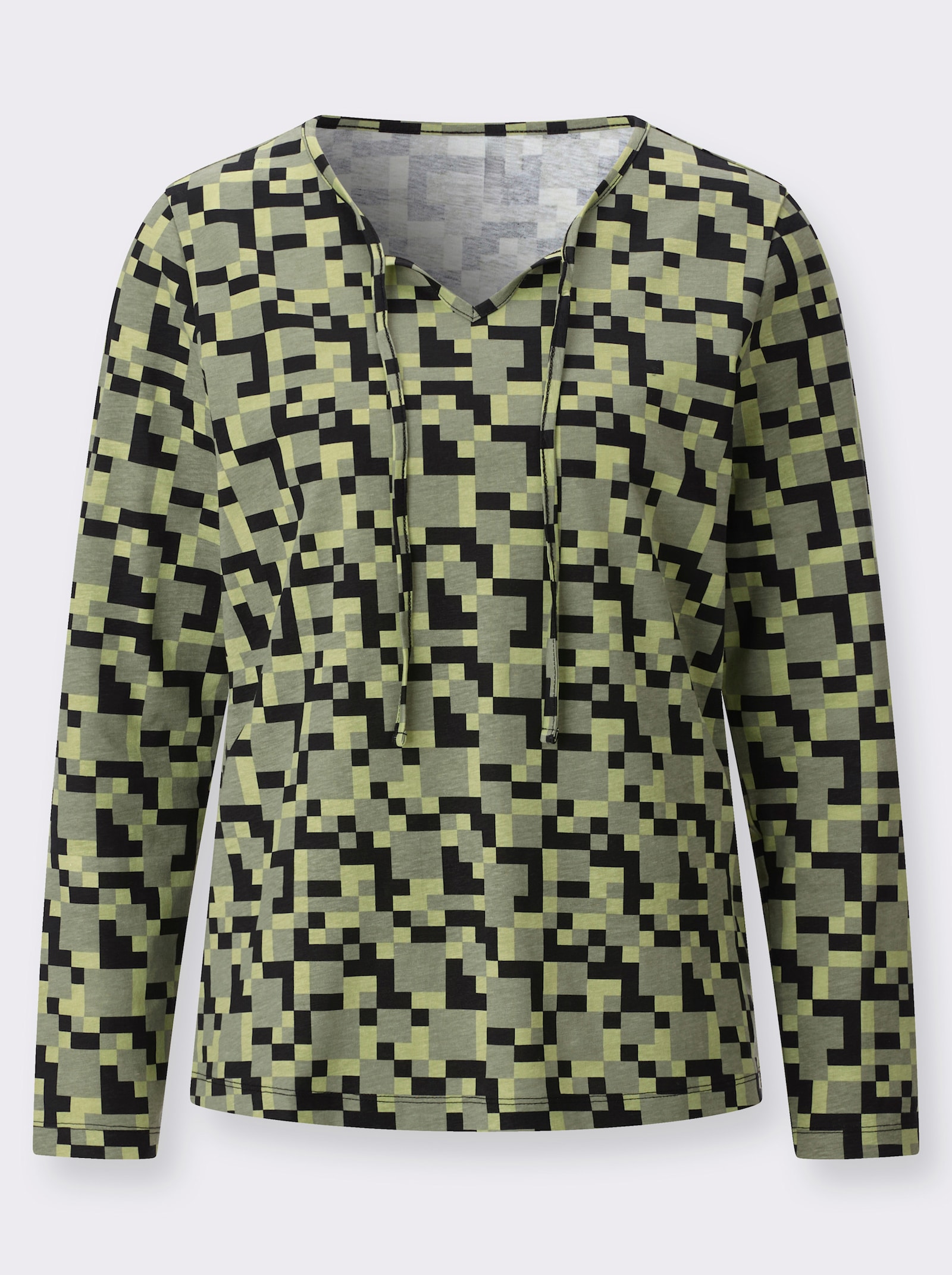 Langarmshirt mit Bindeband am Ausschnitt - khaki-schwarz-bedruckt