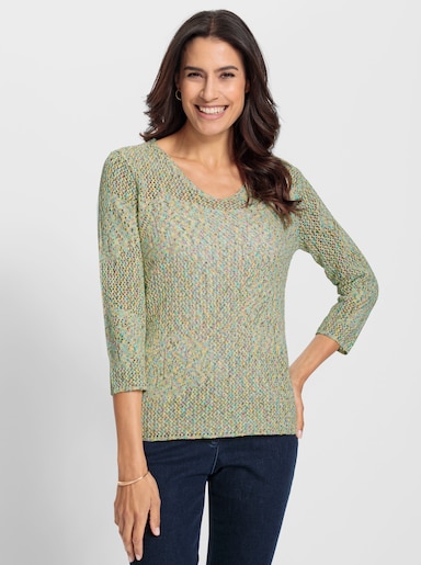 Ajourpullover in Multicolour-Bändchengarn - lindgrün-meliert