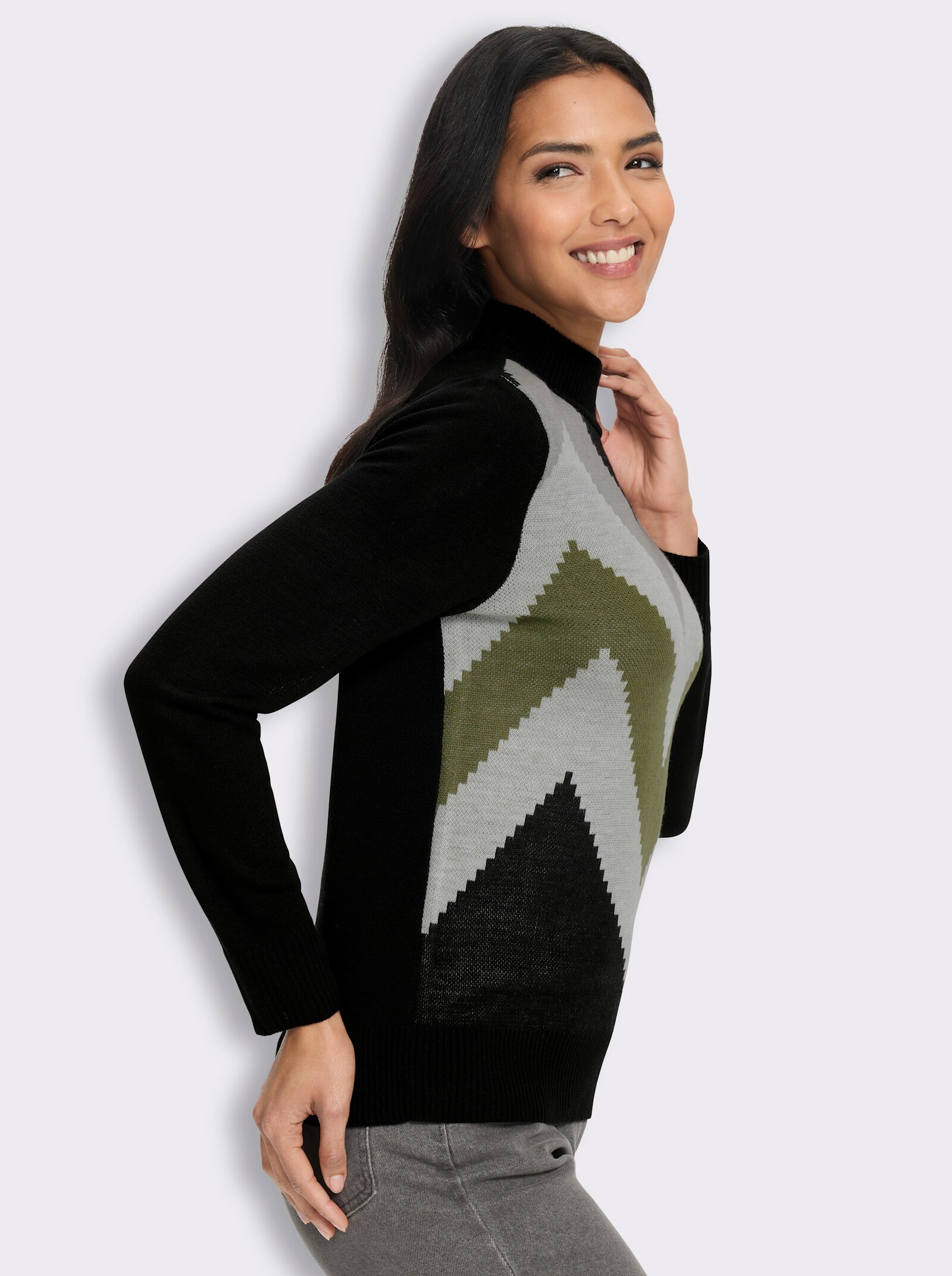 Stehkragenpullover mit Zickzack-Muster - schwarz-steingrau-gemustert