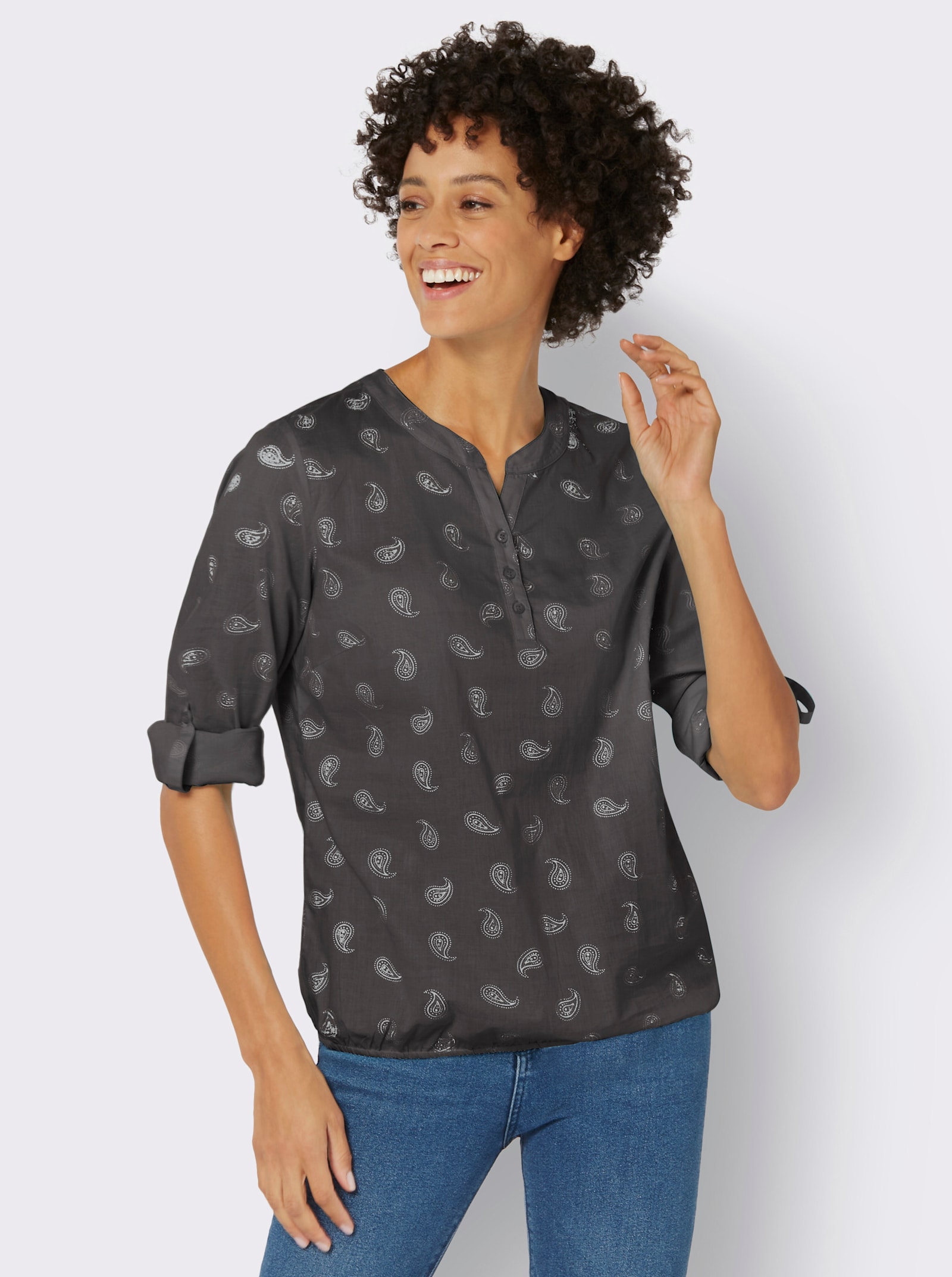 Comfortabele blouse bedrukt, met elastische zoom - antraciet gedessineerd