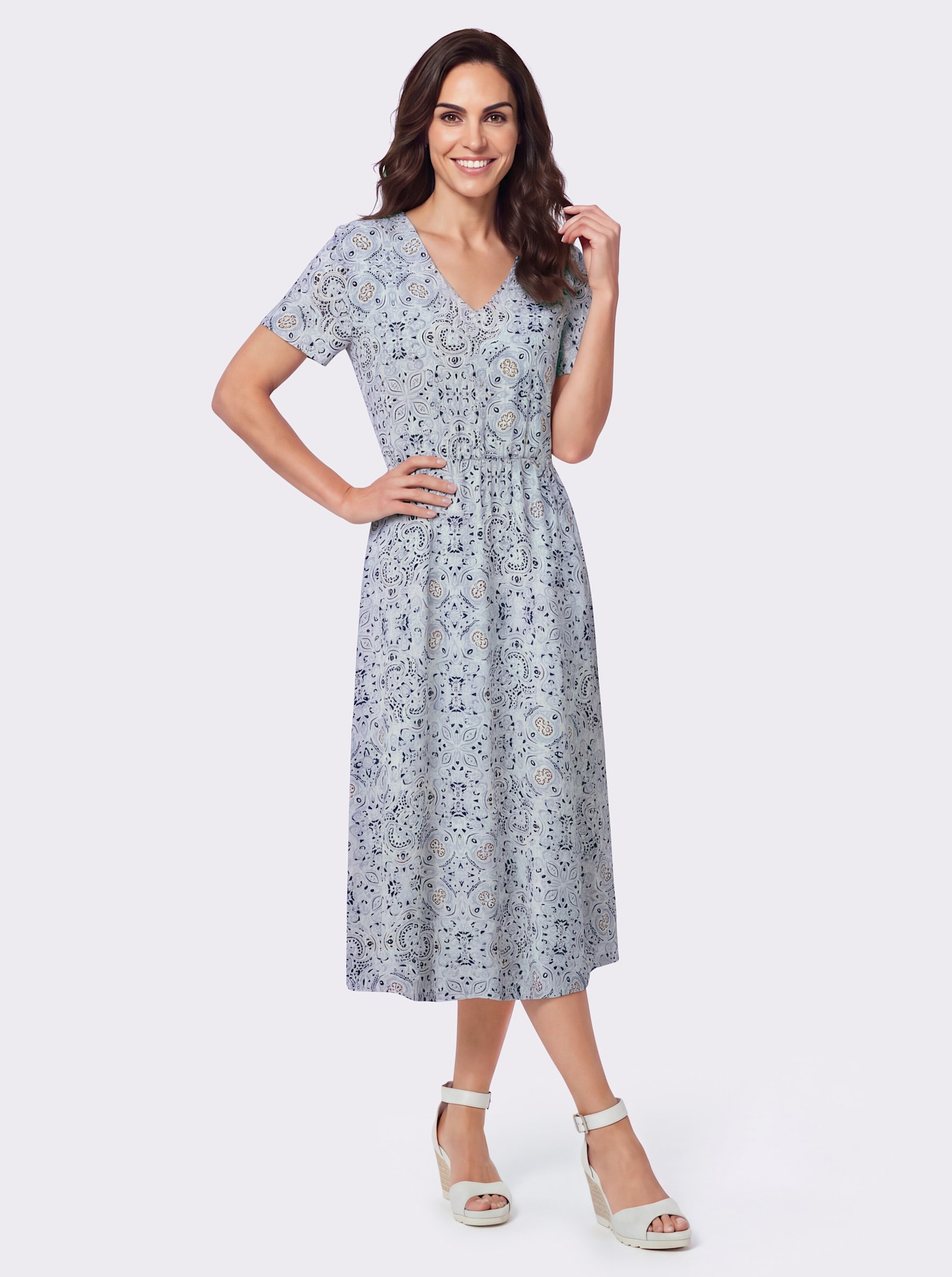 Druckkleid in Viskose-Qualität - ecru-bleu-bedruckt