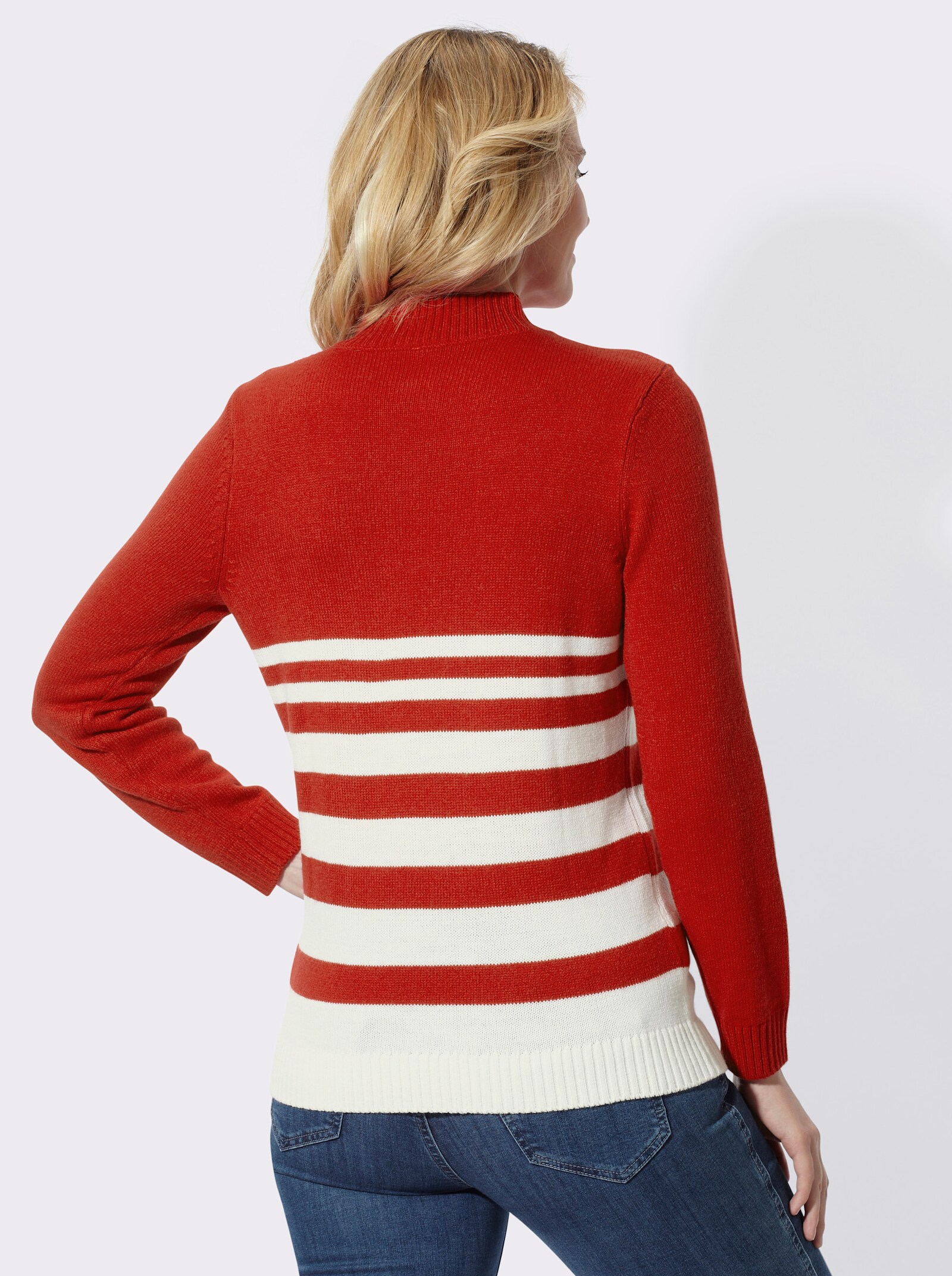 Stehkragenpullover mit Streifenmuster - rot-champagner-geringelt