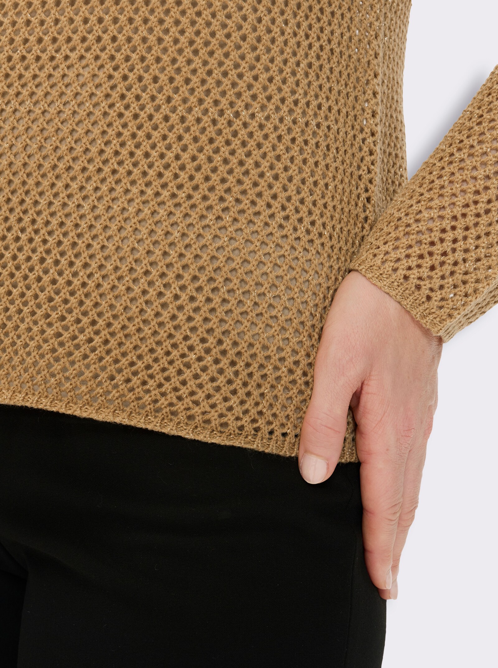 Ajourpullover mit goldfarbenem Effektgarn - camel