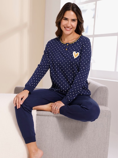 Schlafanzug in kontrastreicher Verarbeitung - marine-ecru-bedruckt