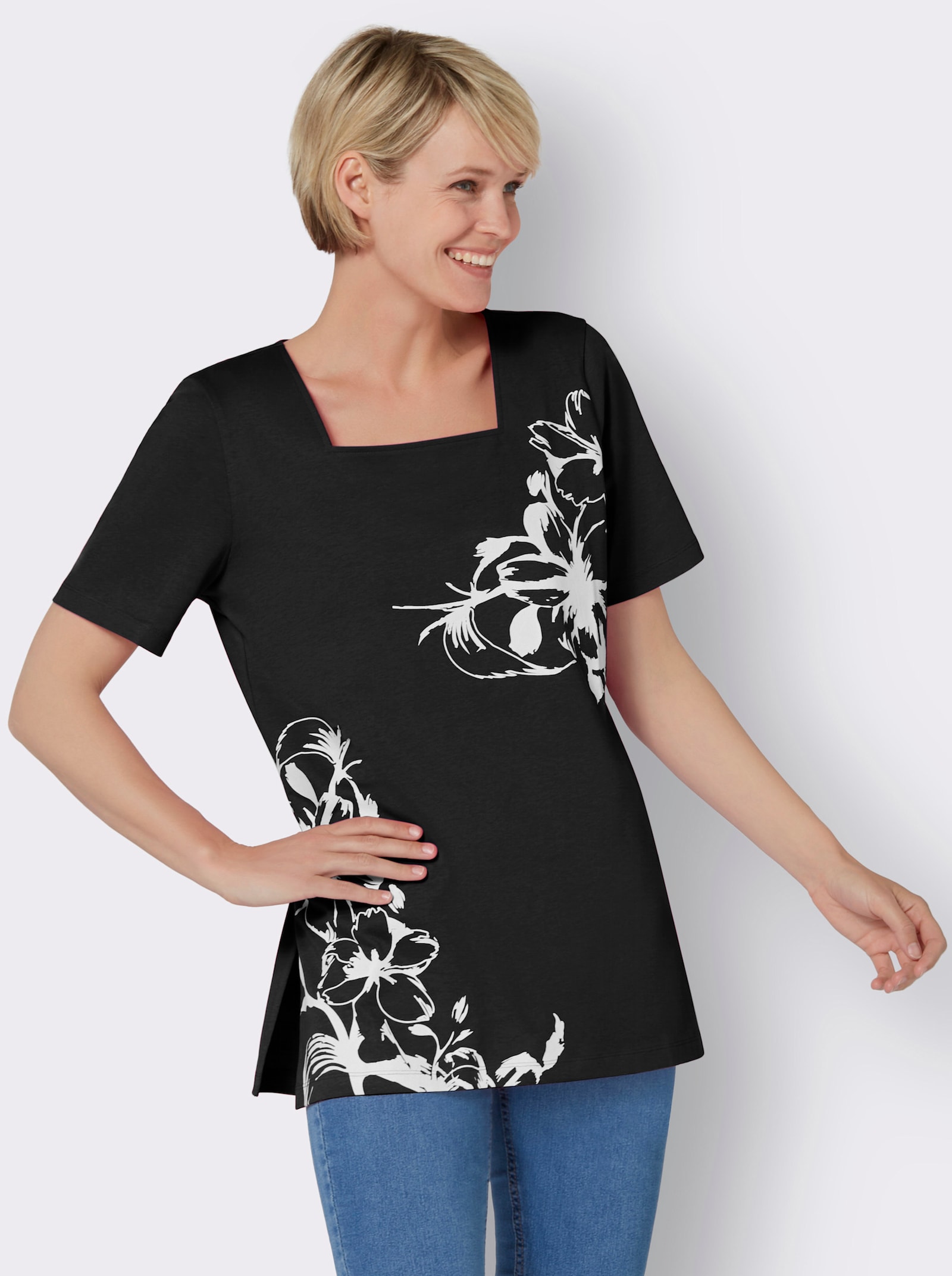 Longshirt mit Karree-Ausschnitt, floral - schwarz-weiß