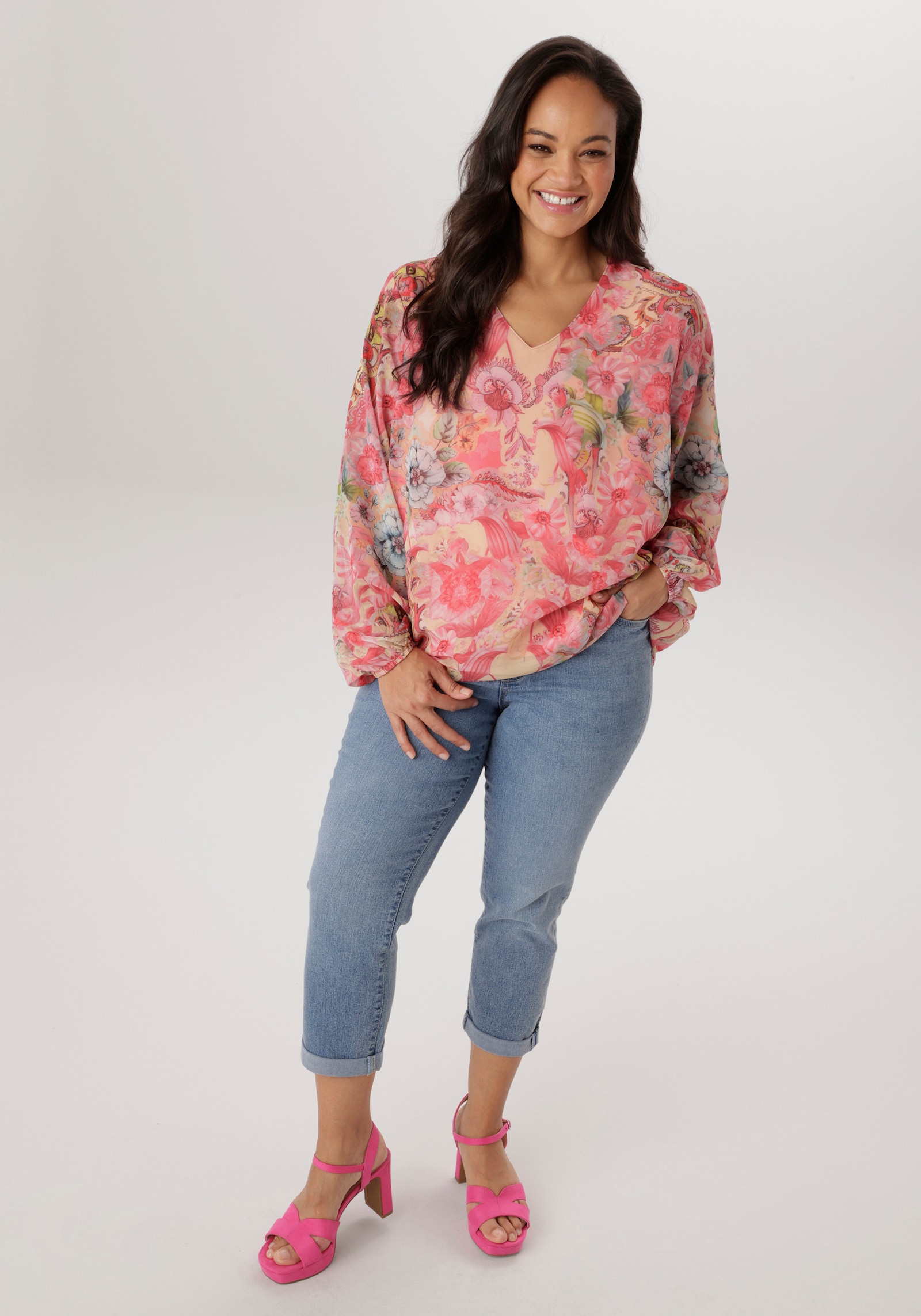 Aniston PLUS Schlupfbluse - gelb-rose-pink