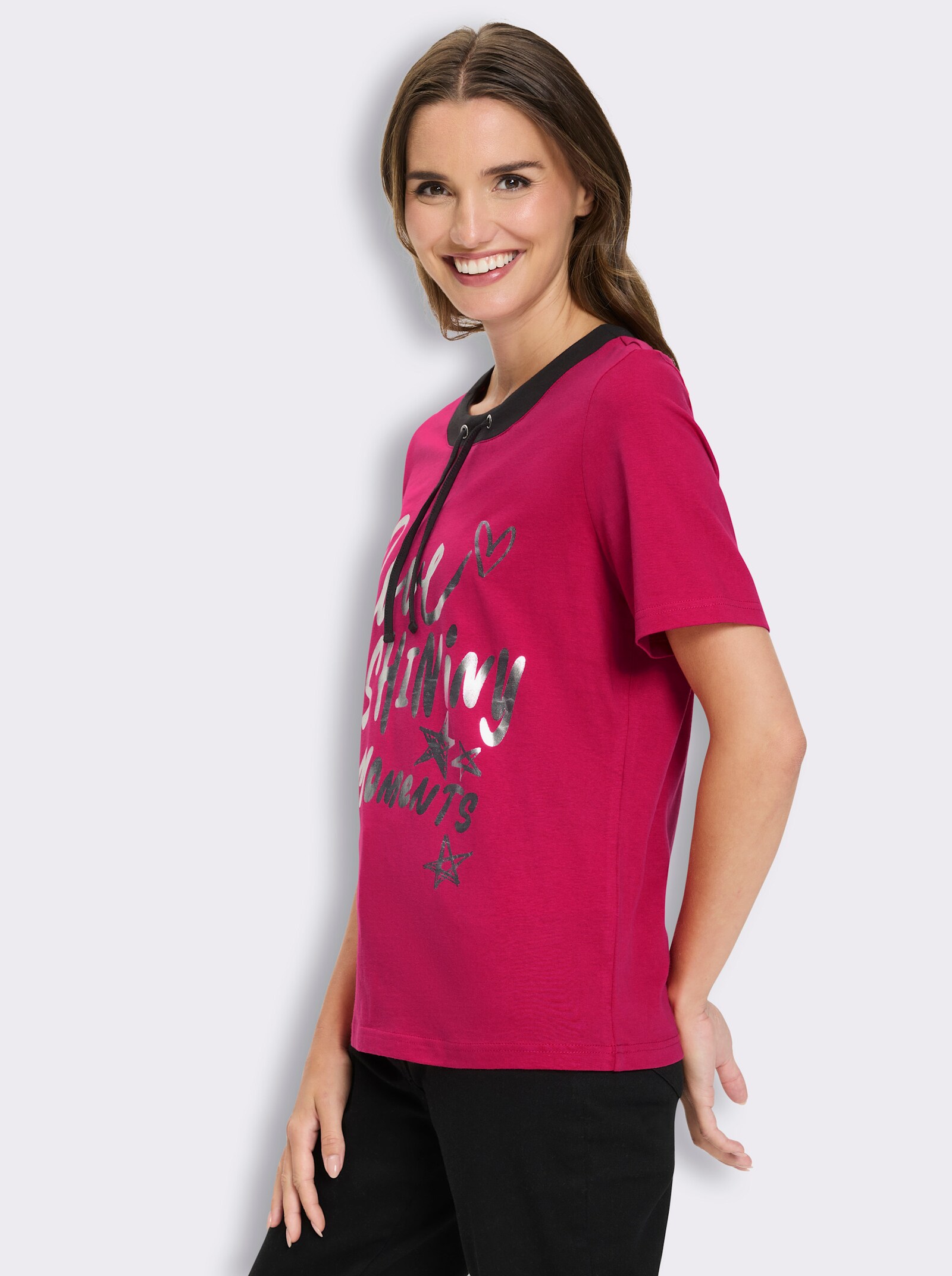 Kurzarmshirt mit Foliendruck - pink-schwarz