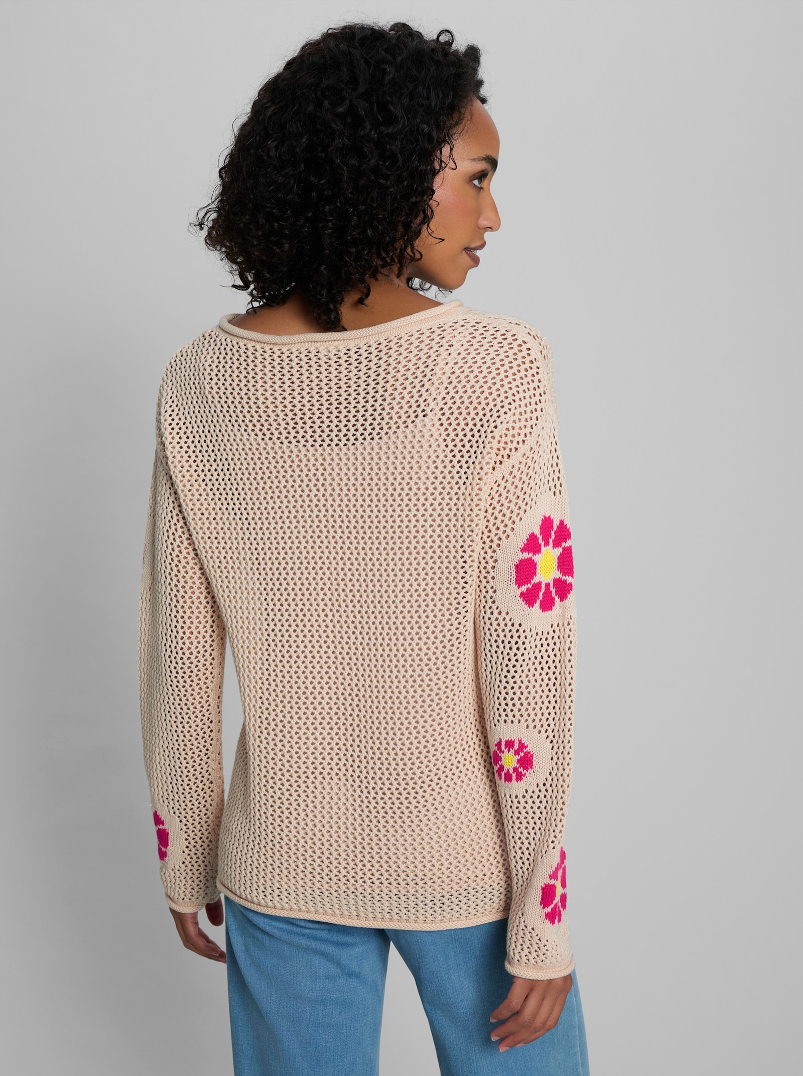 heine Ajourpullover mit Blüten-Jacquard - elfenbein-pink-gemustert