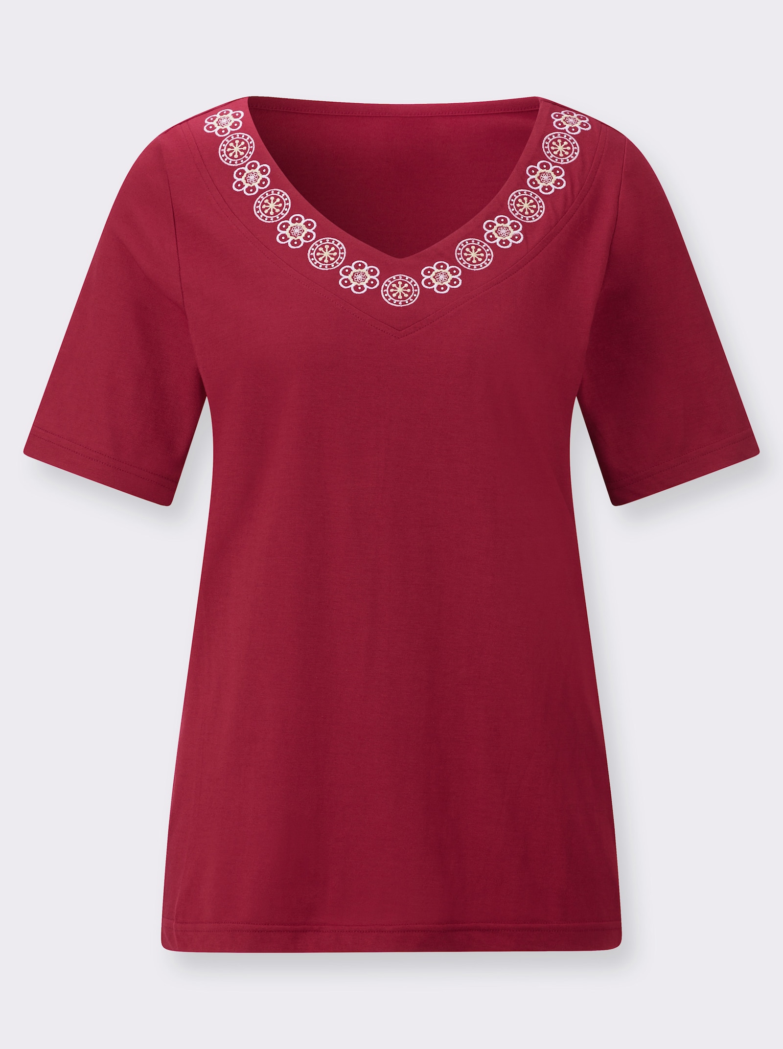 V-Shirt mit Stickereien und Glitzersteinchen - kirsche