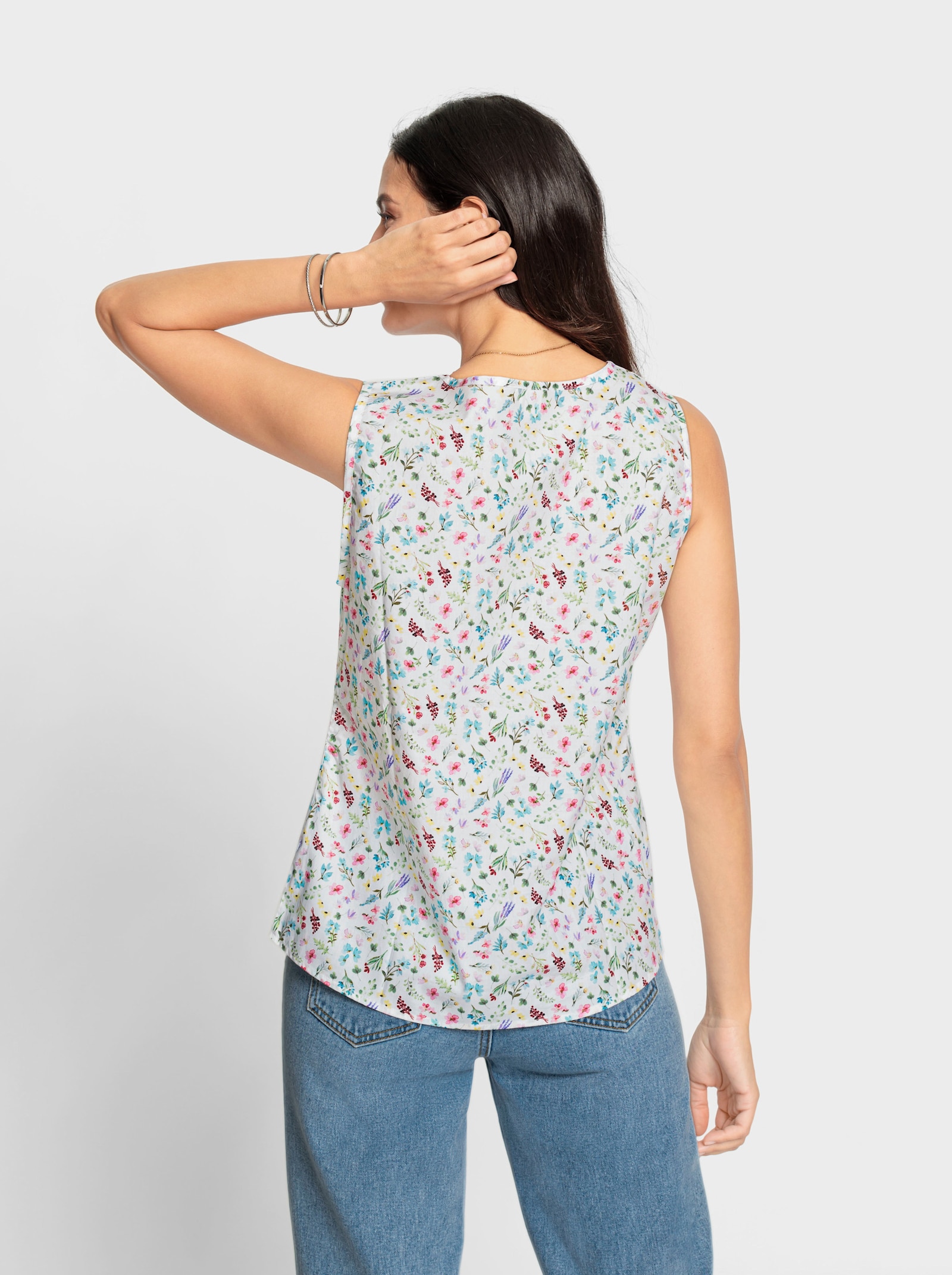 Blousetop met afgeronde zoom, geweven - ecru geprint