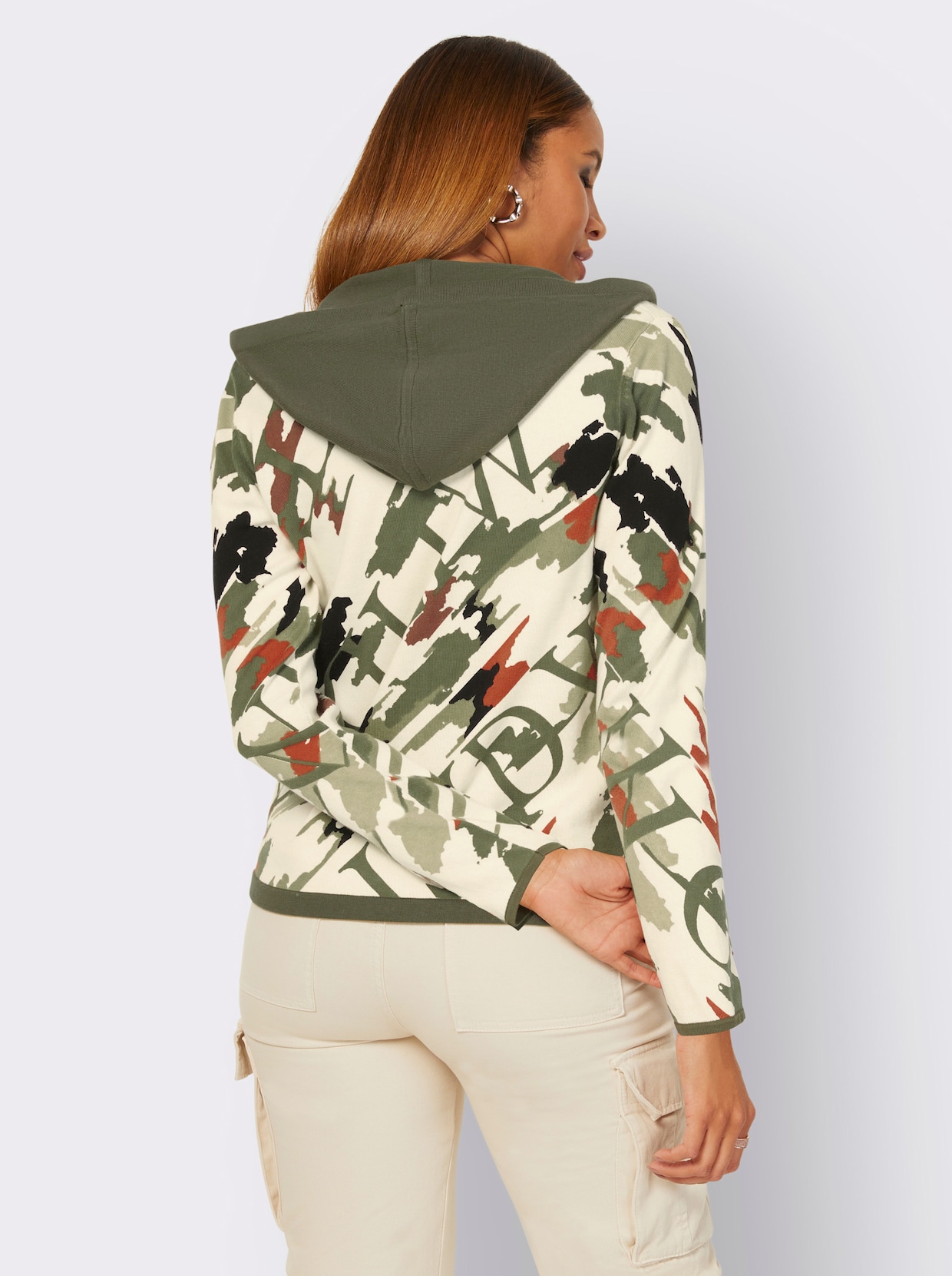 Veste à capuche en tricot - couleur ivoire-kaki imprimé