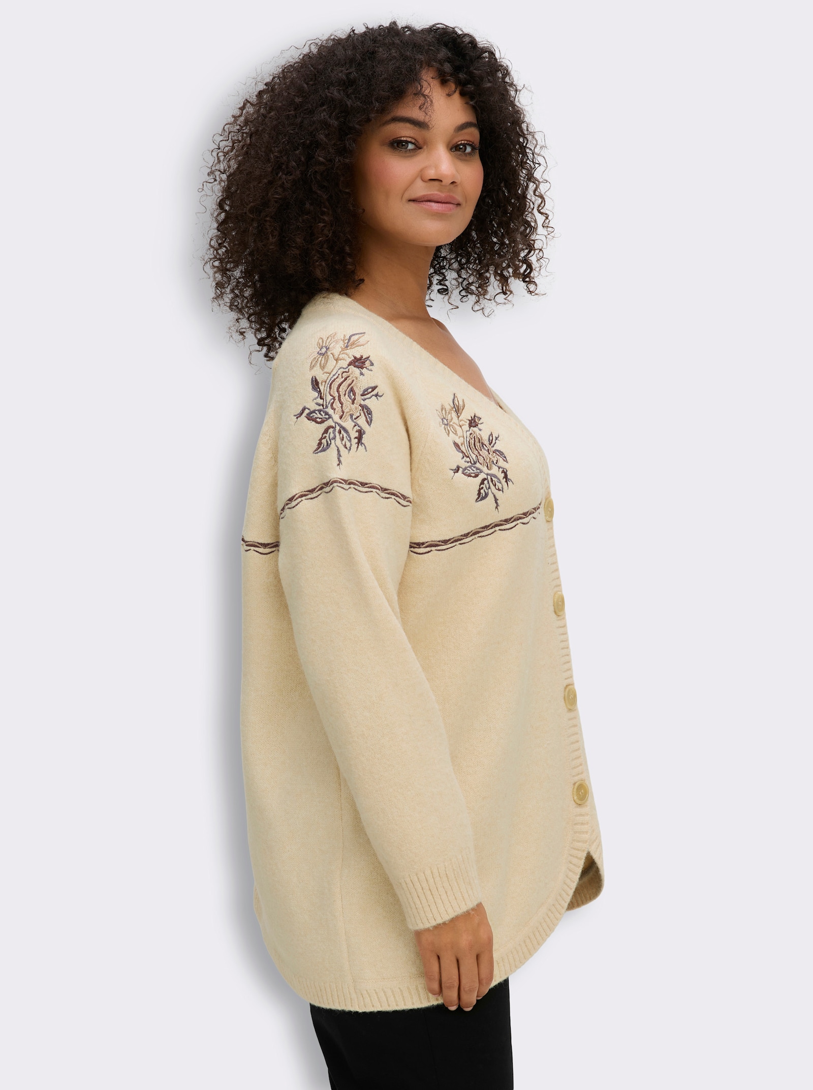sheego Strickjacke mit floralem Intarsienmuster - elfenbein-braun-gemustert