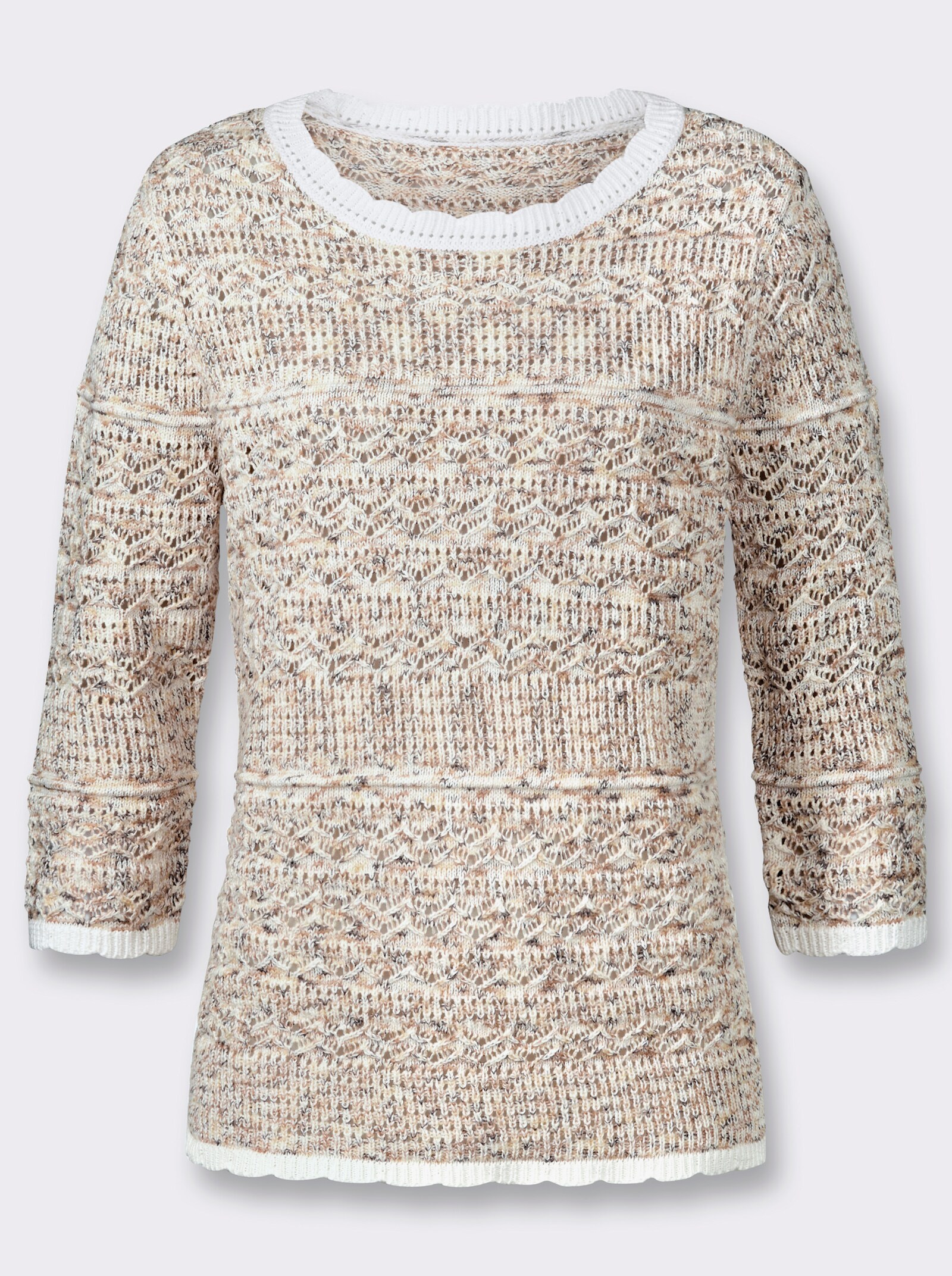 Ajour-Pullover - ecru-camel-gemustert
