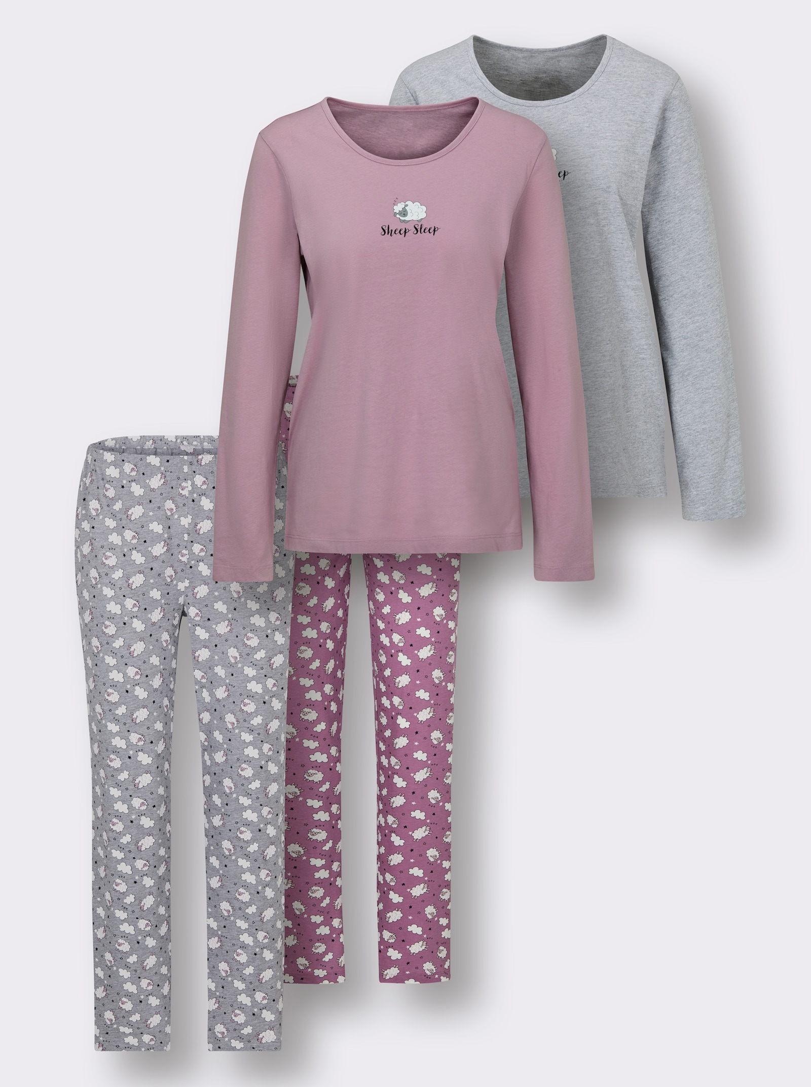 wäschepur Schlafanzüge mit Schäfchen-Print - mauve-grau-meliert + violett