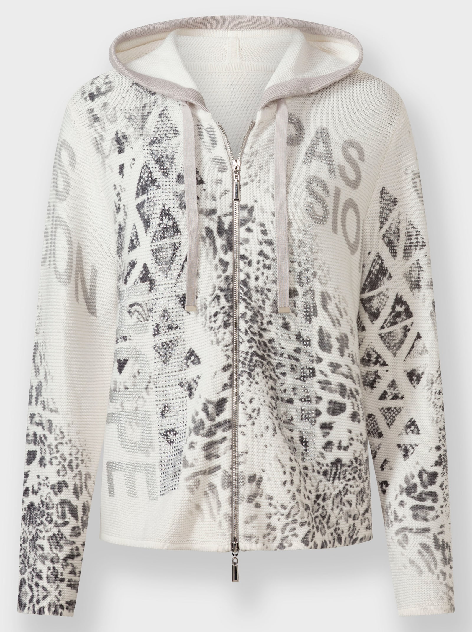 heine Kapuzenstrickjacke mit Kapuze - ecru-hellgrau-bedruckt