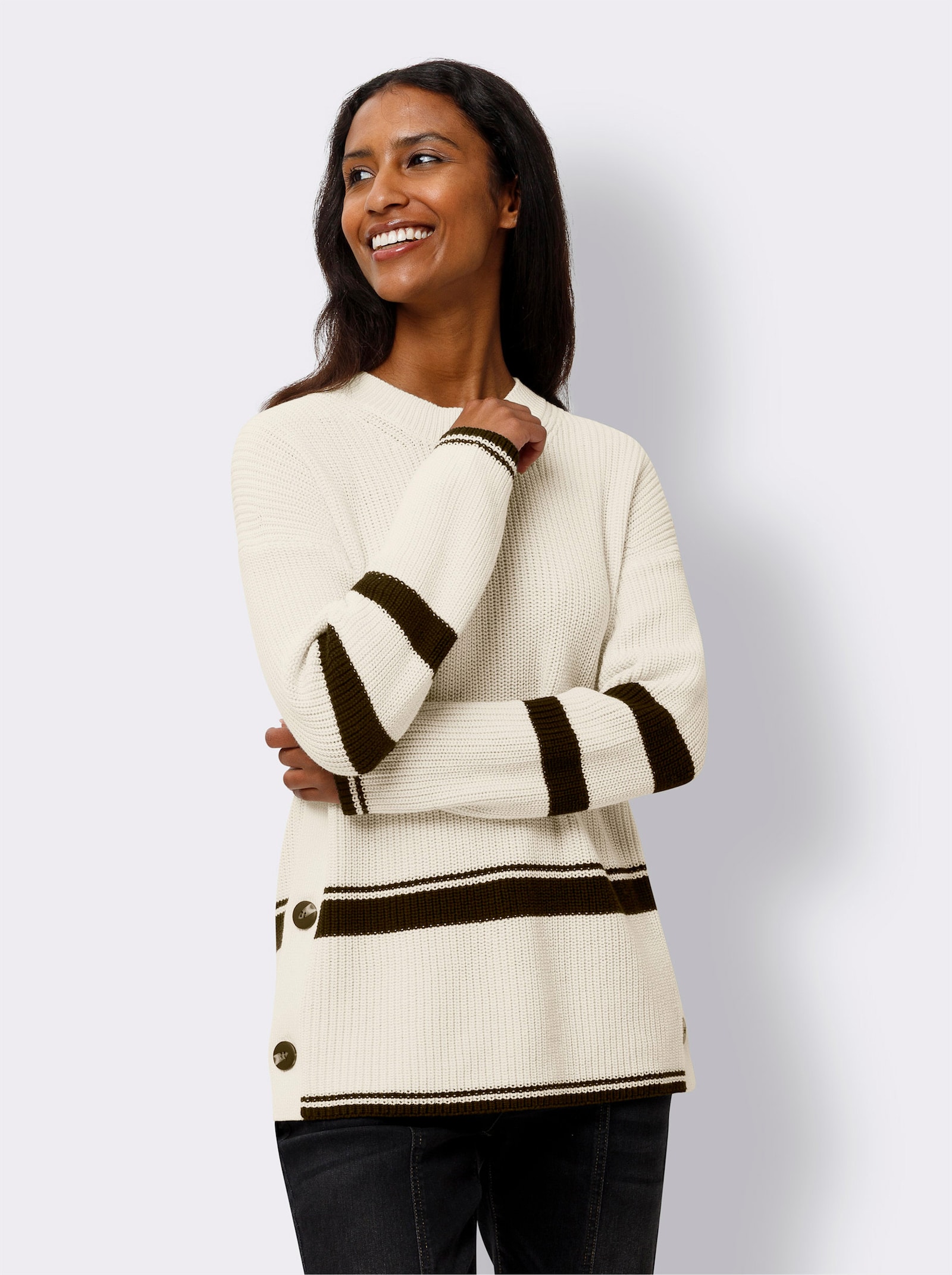 heine Gebreide pullover met zijsplitten met knoop - champagne