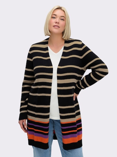 sheego Veste longue en tricot - noir-beige à rayures