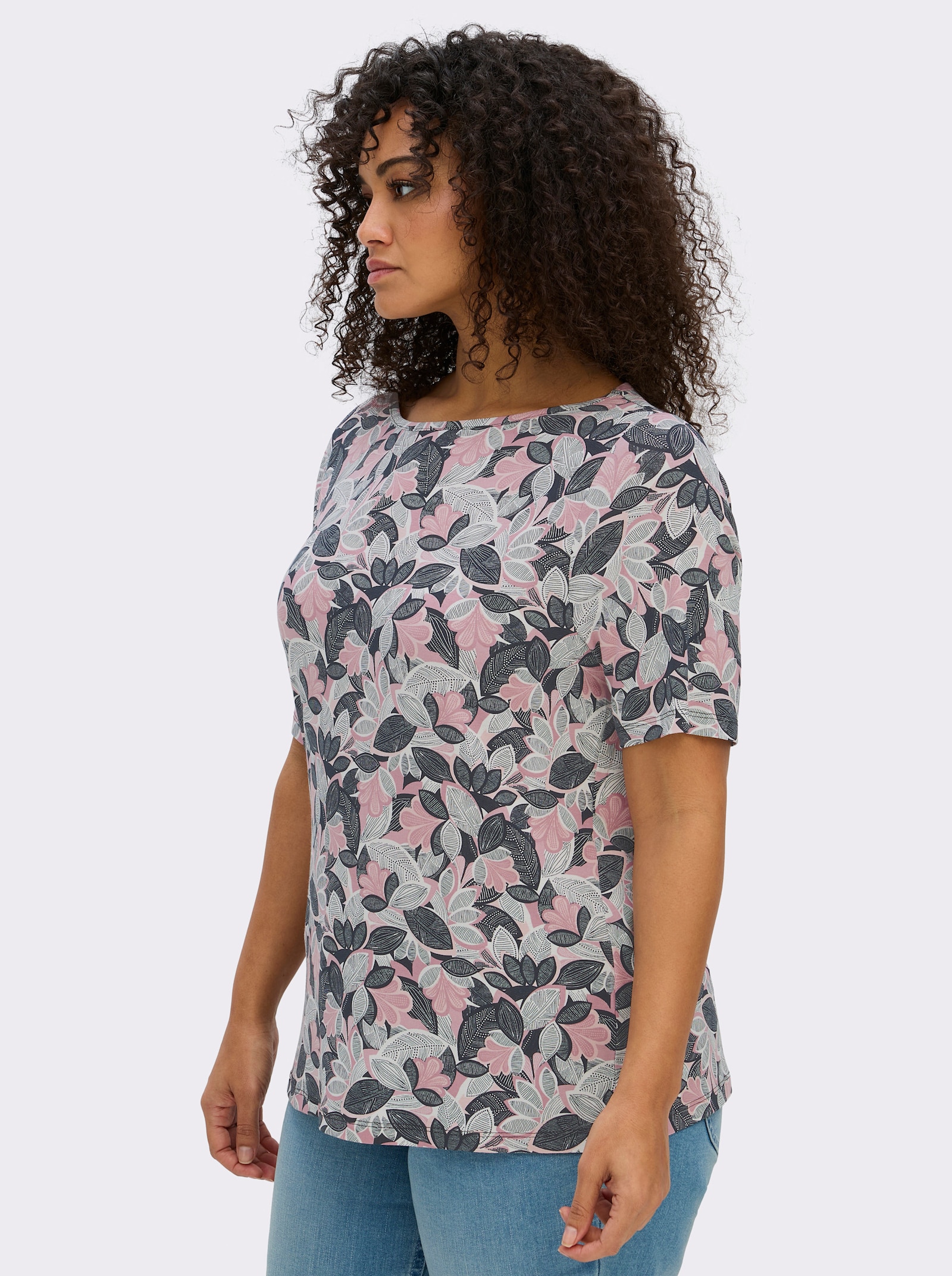 Print-Shirt mit paspeliertem U-Boot-Ausschnitt - hortensie-hellrosé-bedruckt