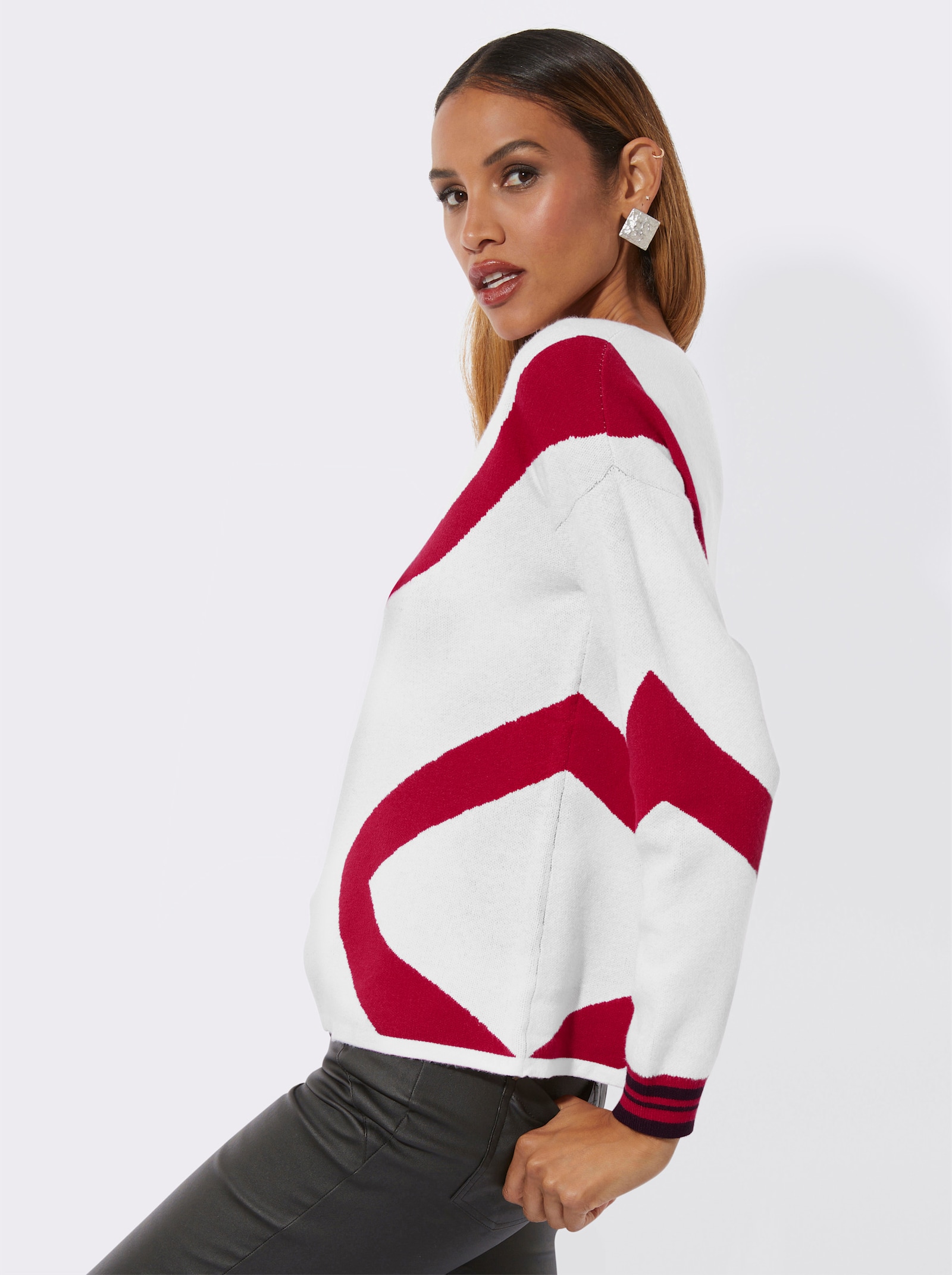 Pull à encolure ronde avec motif jacquard - blanc-rouge à motifs