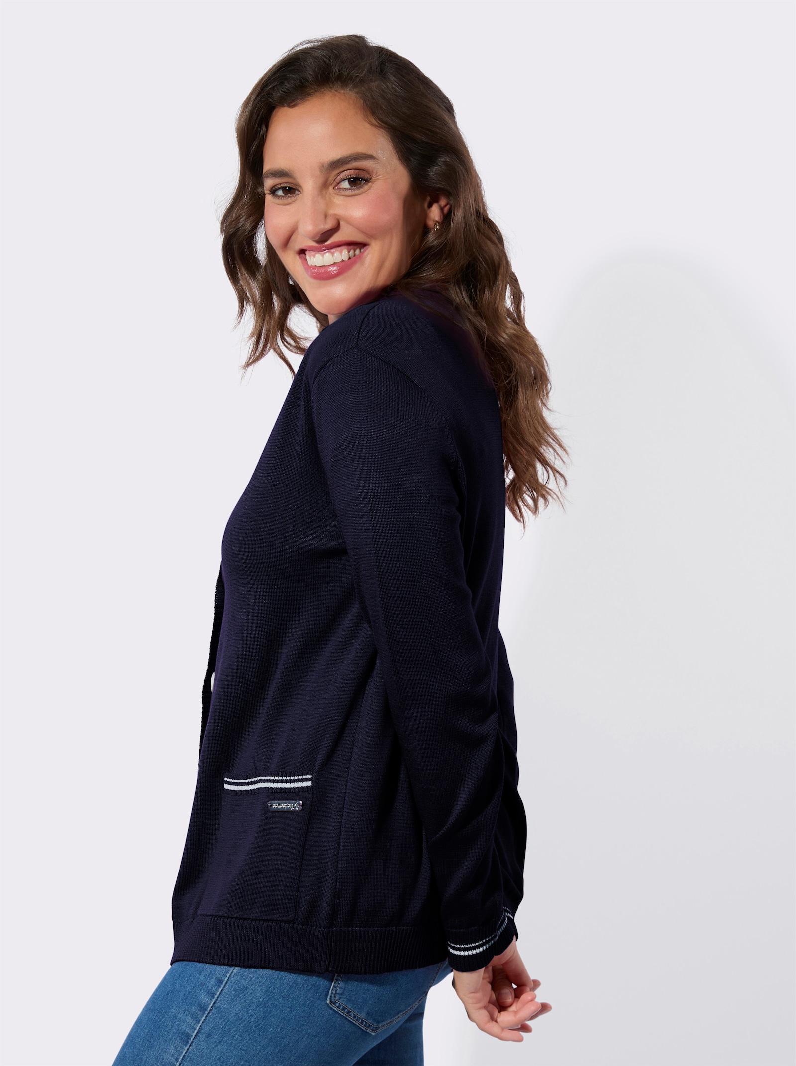 Twin-Set mit Schmuckknöpfen - marine-ecru-geringelt