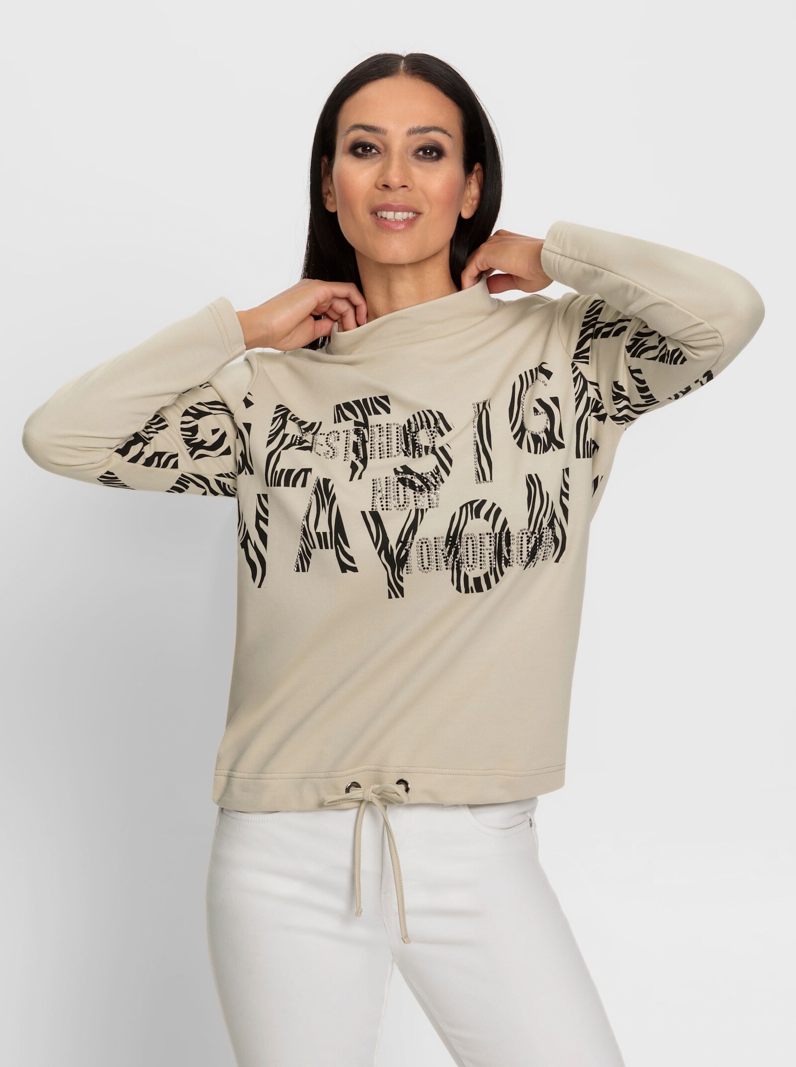 heine Stehkragenshirt mit Schrift- und Animalprint - sand