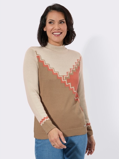 Stehkragen-Pullover - camel-papaya-gemustert