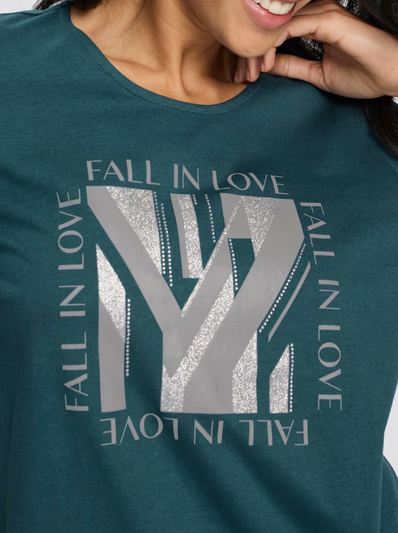 3/4-Arm-Shirt mit Glitzerdruck - petrol-grau