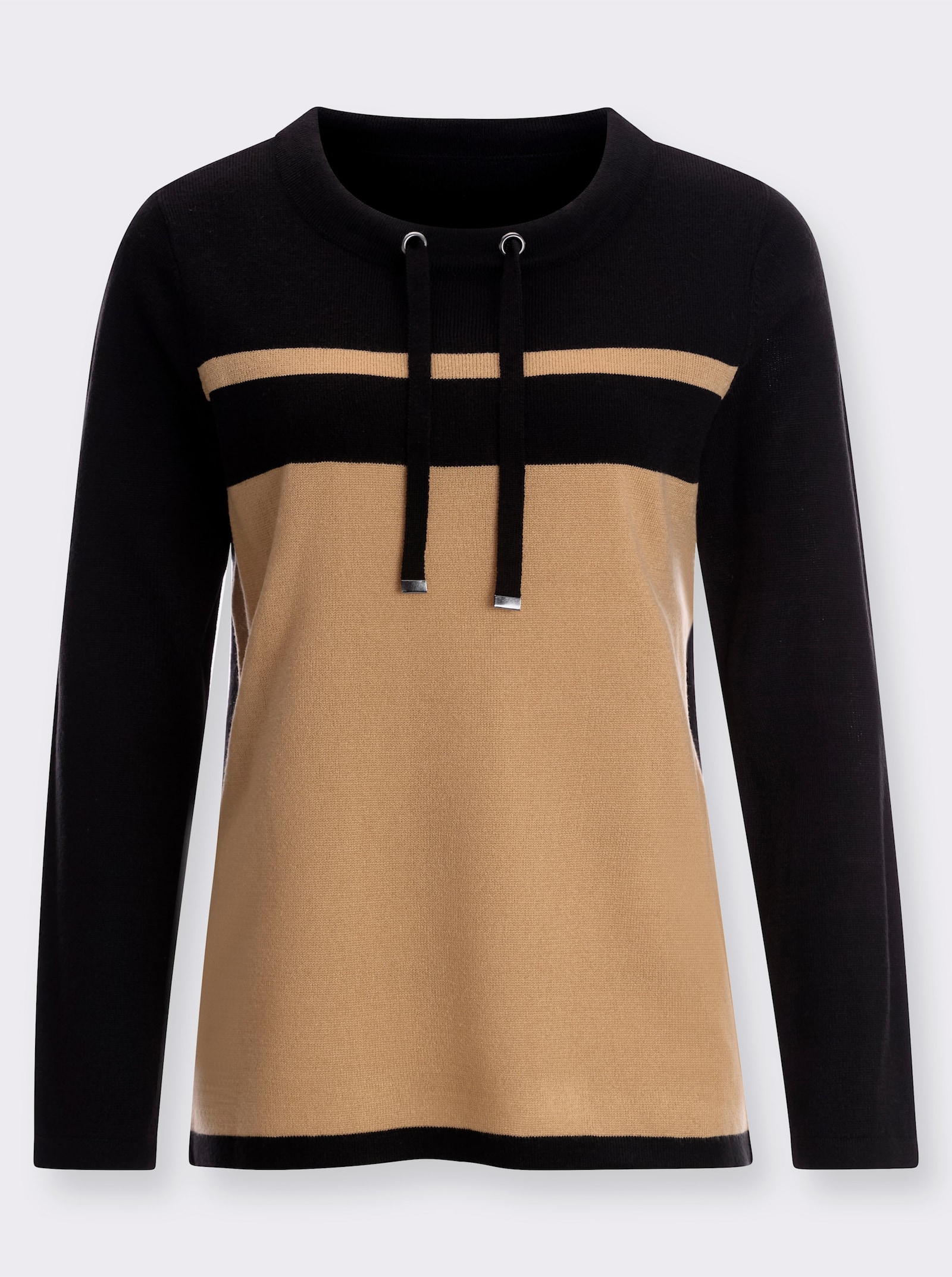 Langarm-Pullover mit Tunnelzug am Rundhals-Ausschnitt - schwarz-camel