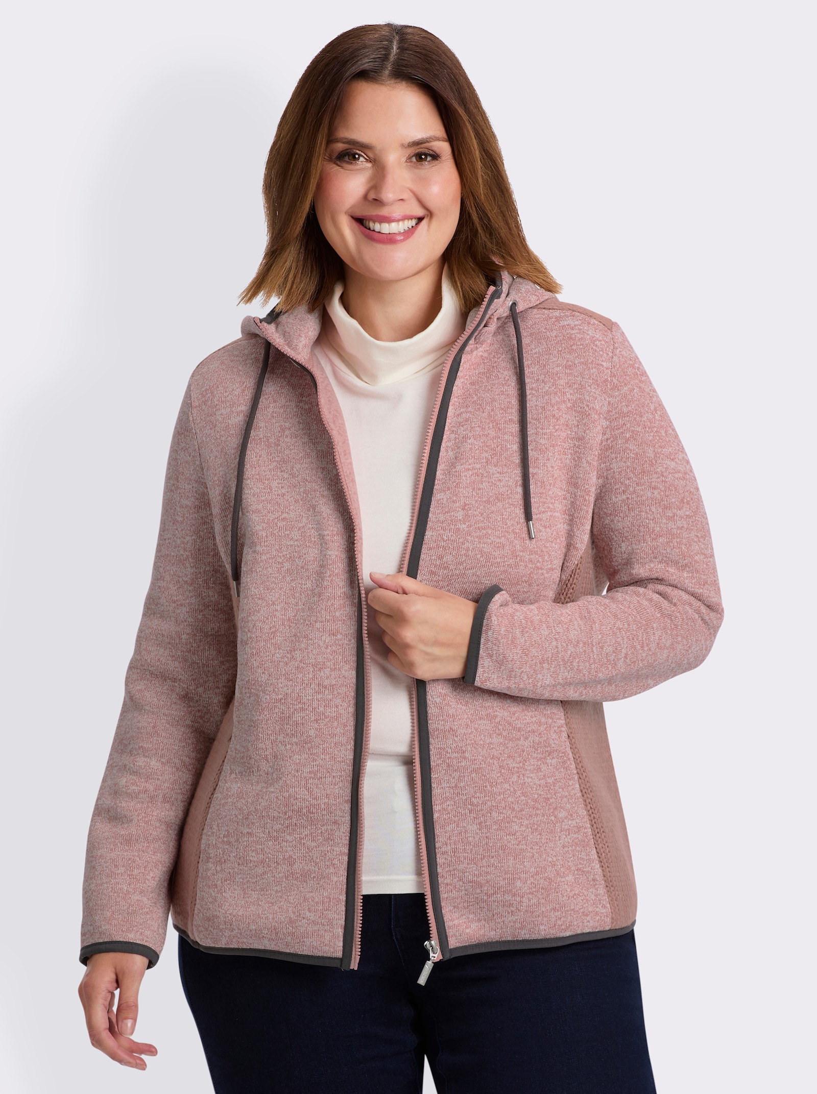 Strickfleecejacke mit seitlichen Strick-Einsätzen - rosenholz-meliert