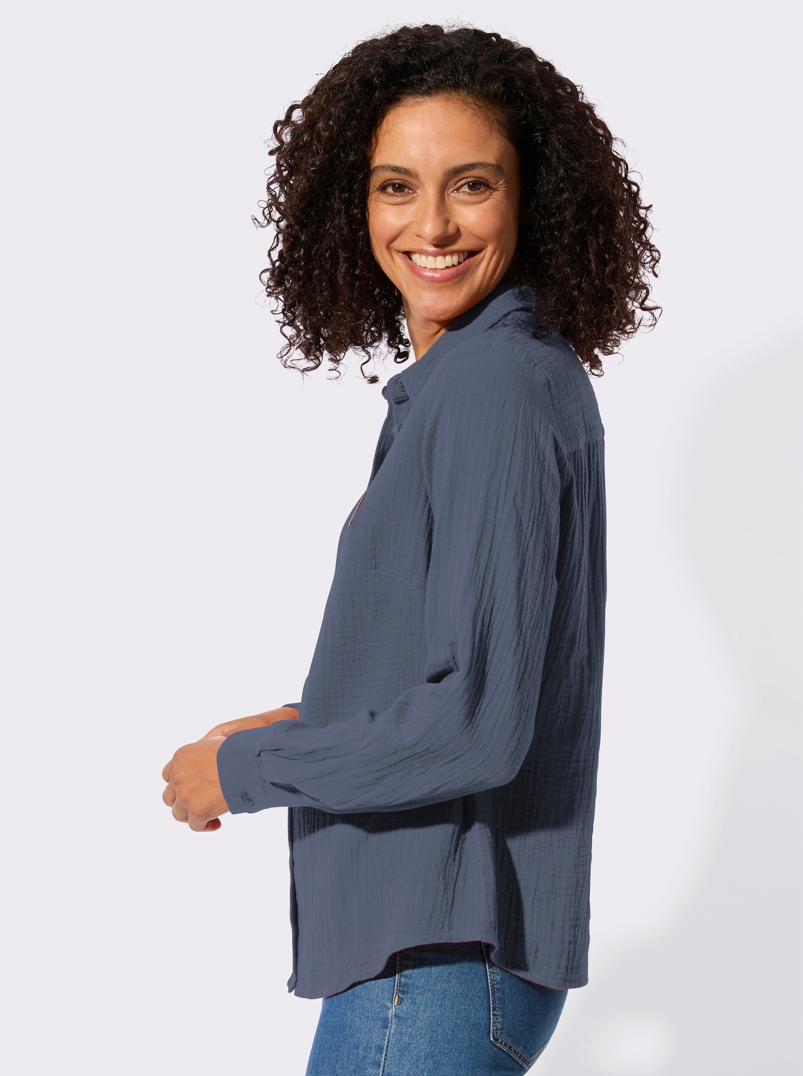 Baumwollbluse mit krempelbaren Ärmeln - rauchblau
