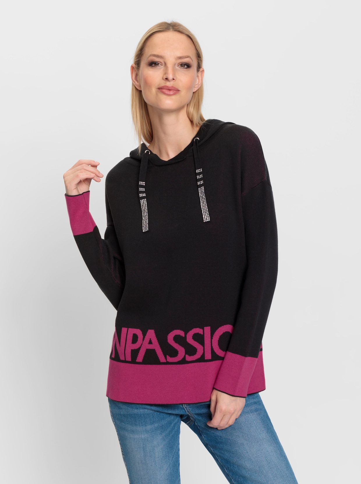 heine Long-Pullover - schwarz-fuchsia-gemustert