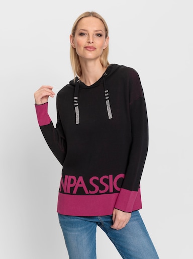 heine Kapuzenpullover mit Schriftzug - schwarz-fuchsia-gemustert