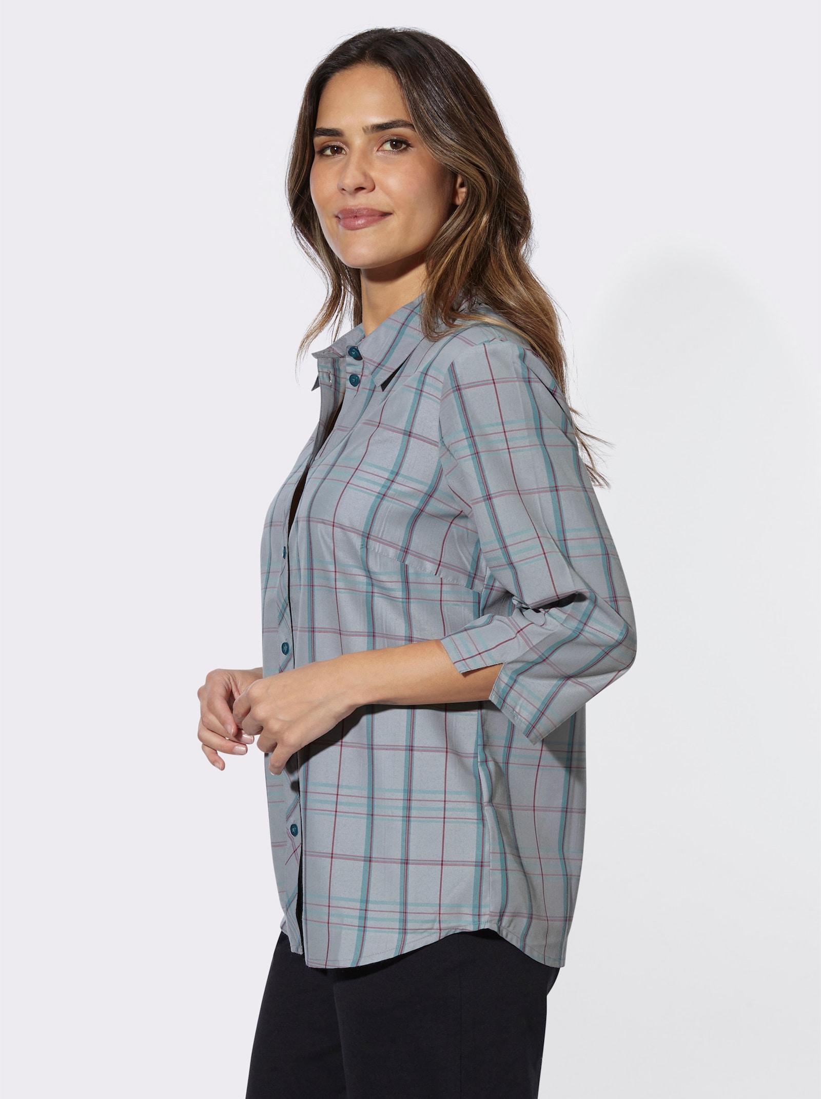 Funktionsbluse atmungsaktiv und pflegeleicht - steingrau-jade-kariert