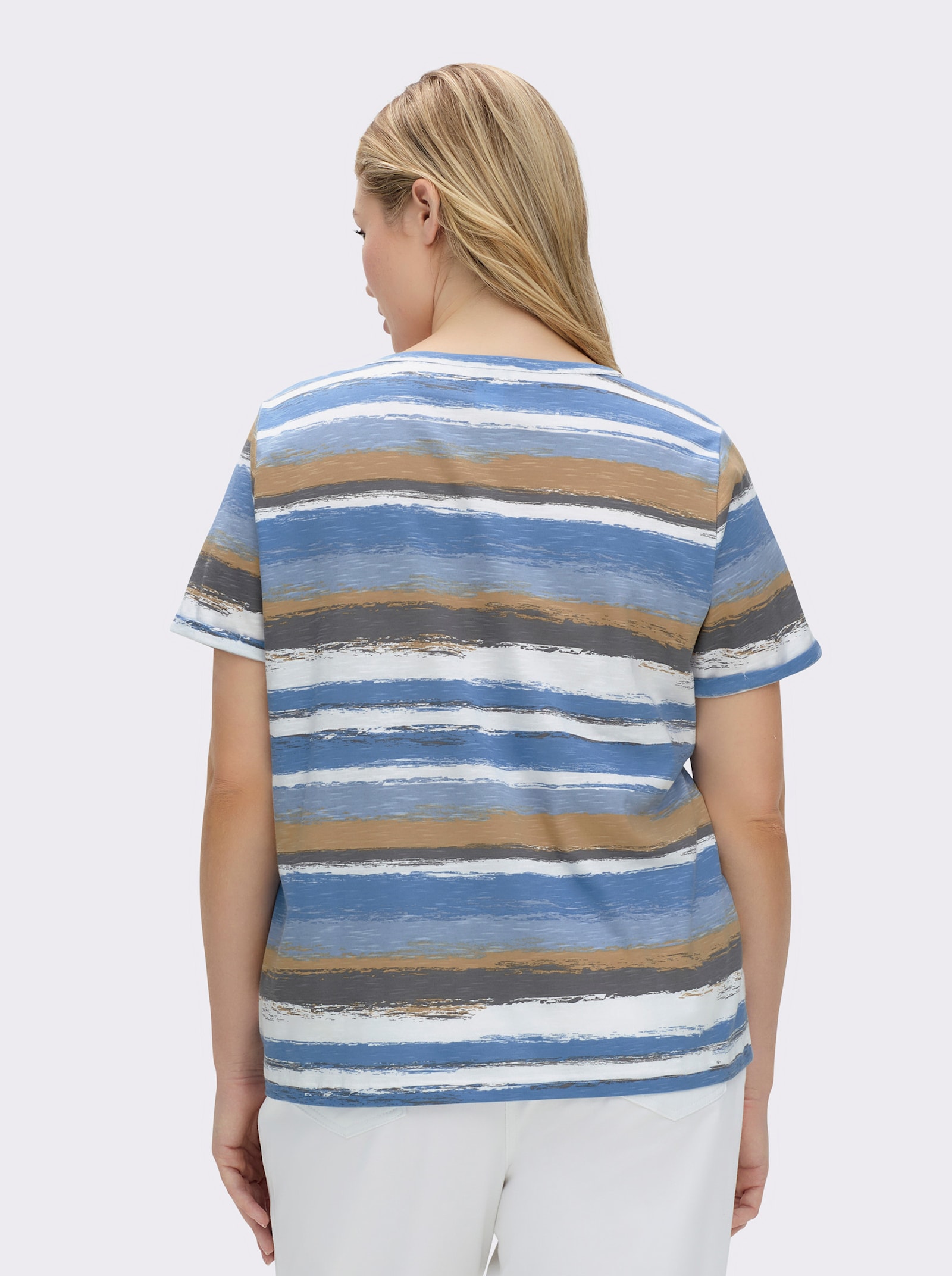 Streifenshirt mit Lederimitat-Details - mittelblau-camel-bedruckt