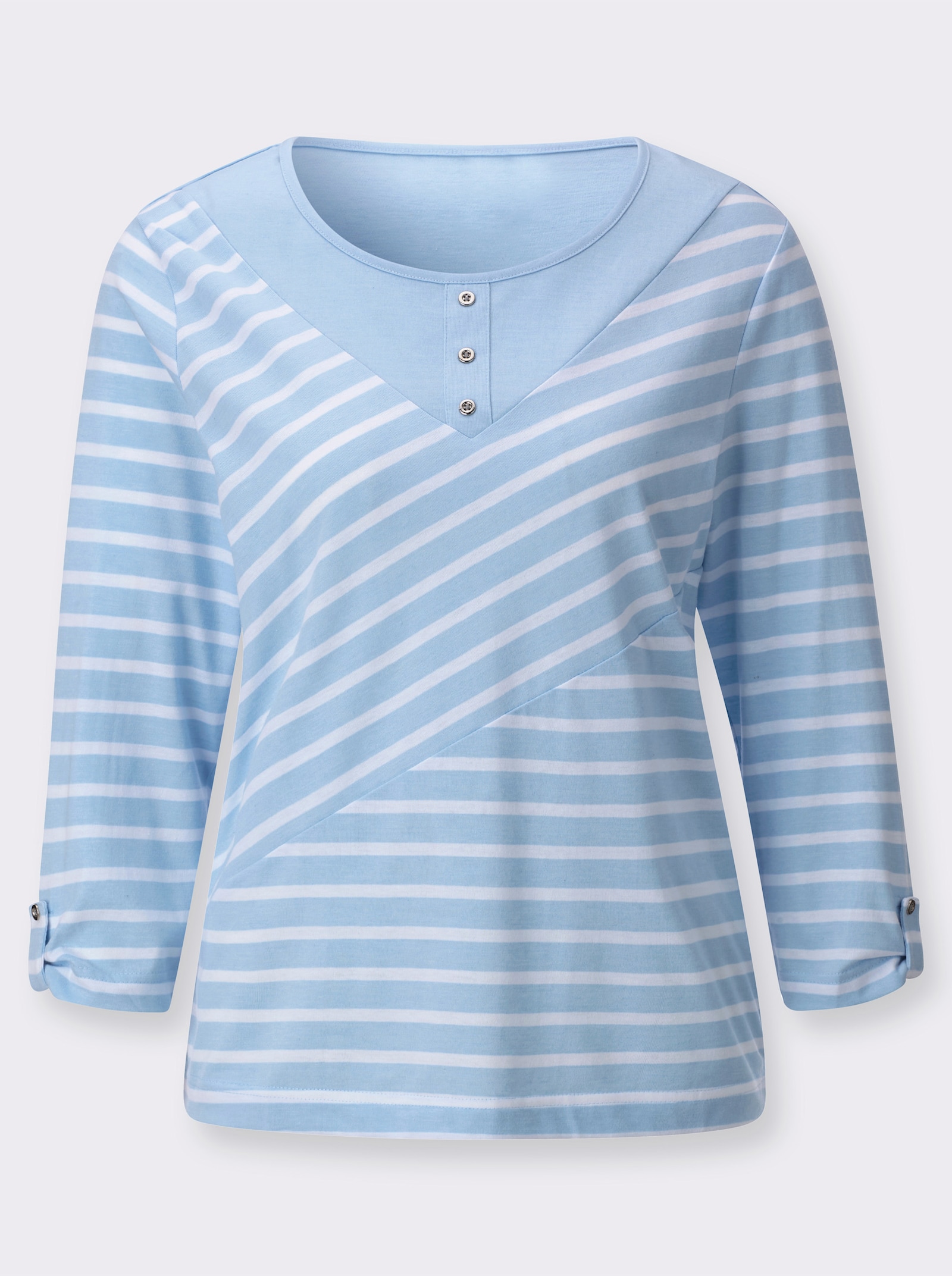 Ringelshirt mit Zierknöpfen - hellblau-ecru-gemustert