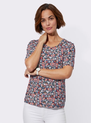 Rundhalsshirt elastisch. mit Elasthan - marine-flamingo-bedruckt