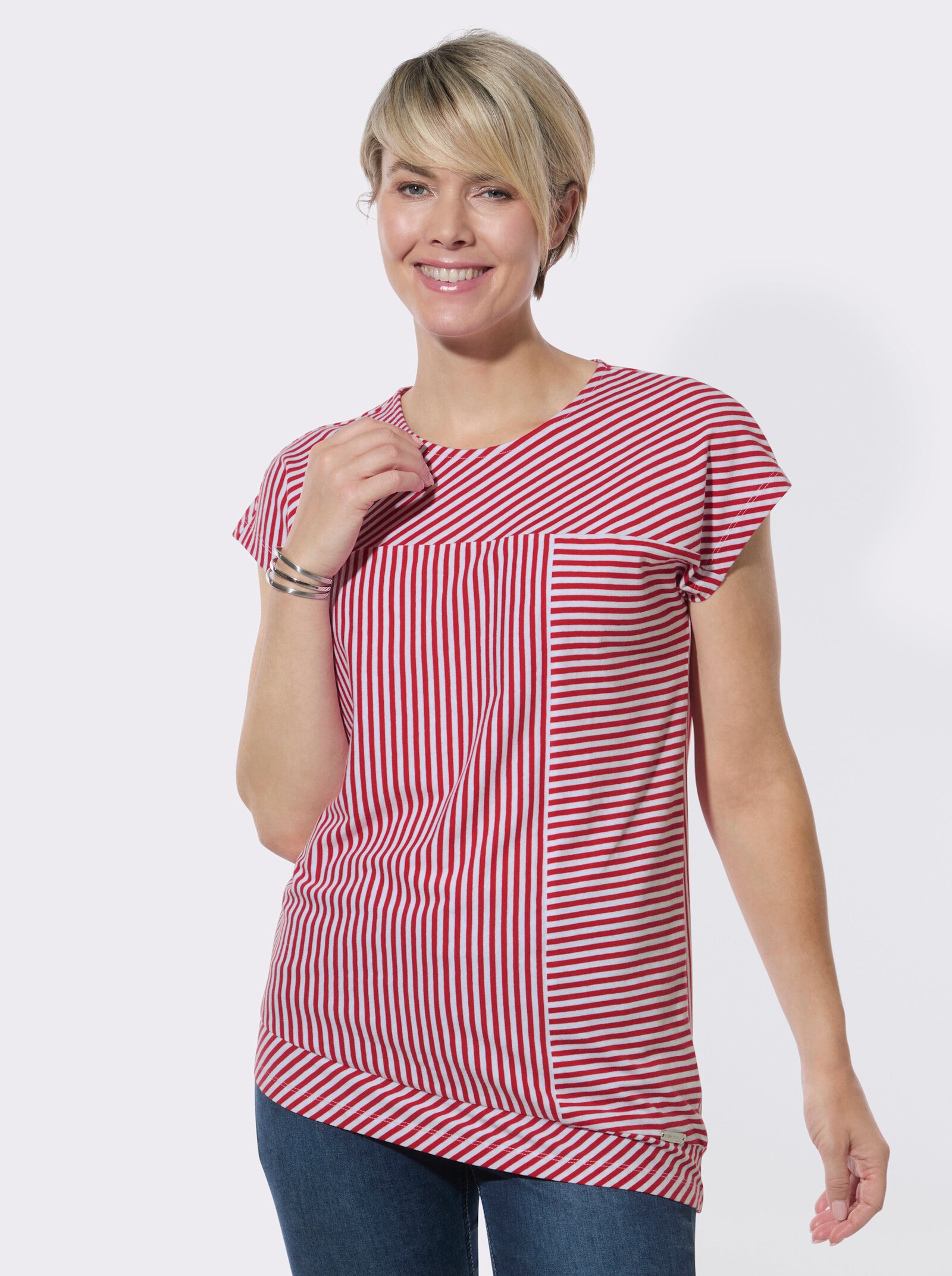 Rundhalsshirt mit asymmetrischem Saum - erdbeere-weiß-geringelt