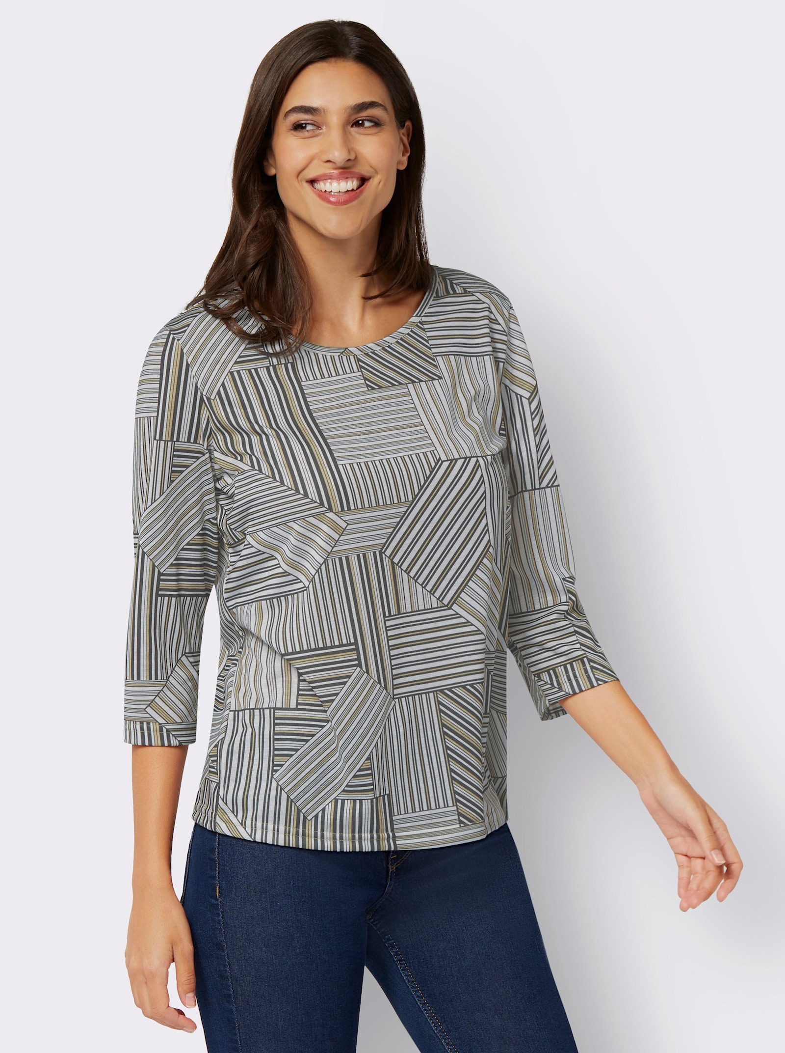 3/4-Arm-Shirt mit Patchwork-Druck - gelb-weiß-bedruckt