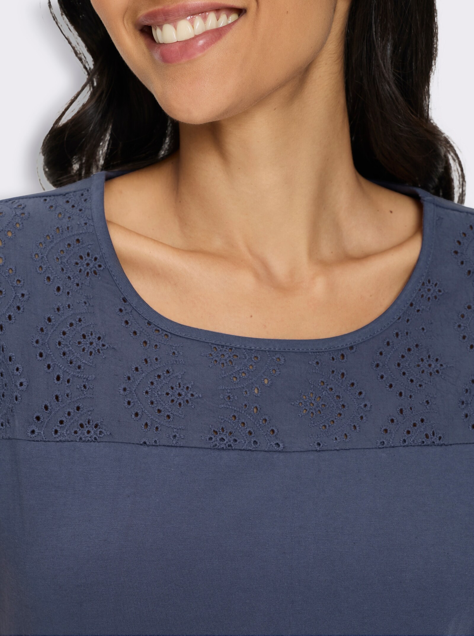 Kurzarmshirt mit Spitzen-Details, Baumwolle - rauchblau