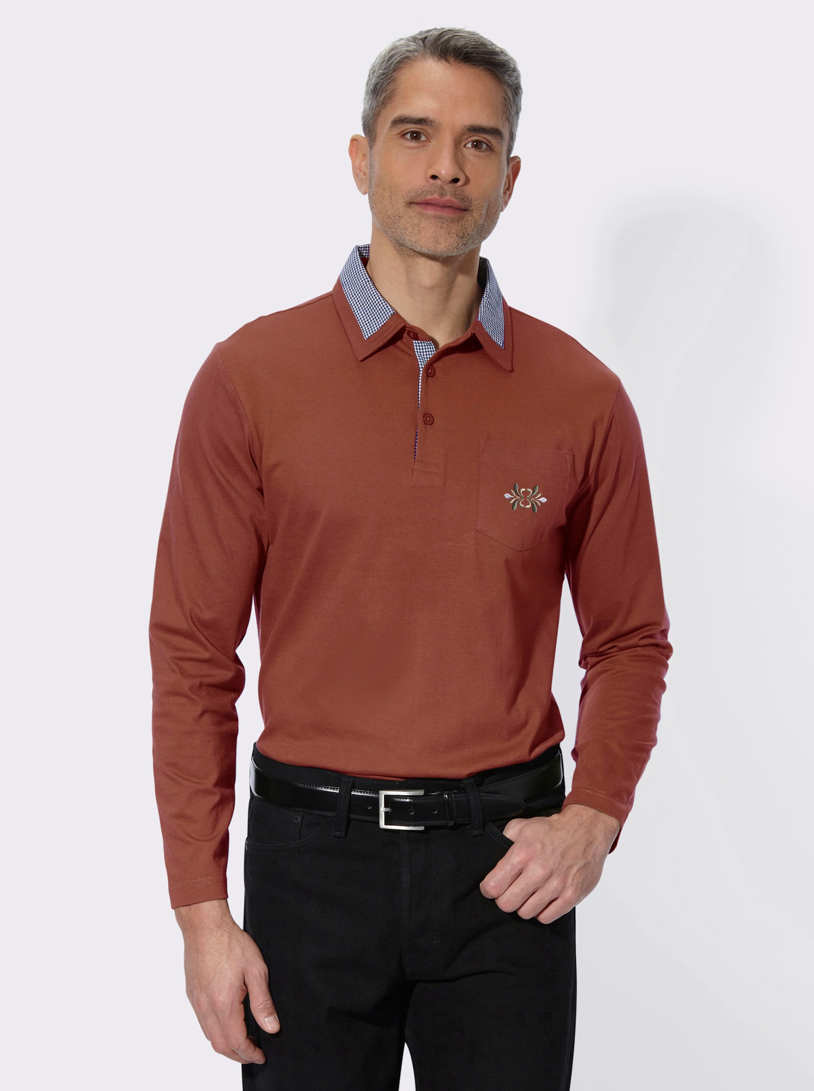 Langarm-Poloshirt mit Webkaro-Details - rotbraun