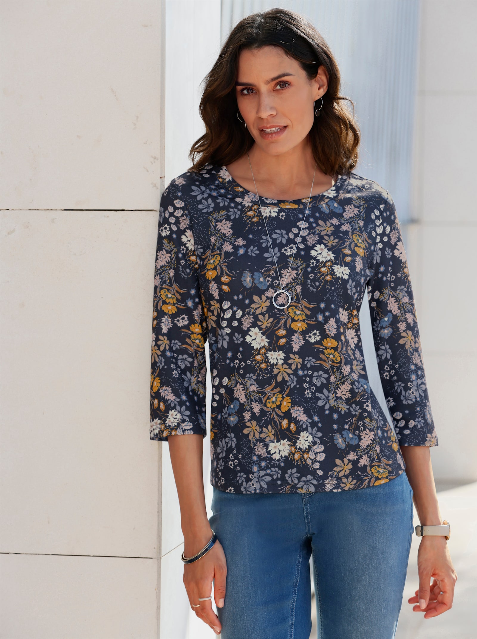 Print-Shirt in Feinststrick-Optik - marine-sesam-bedruckt